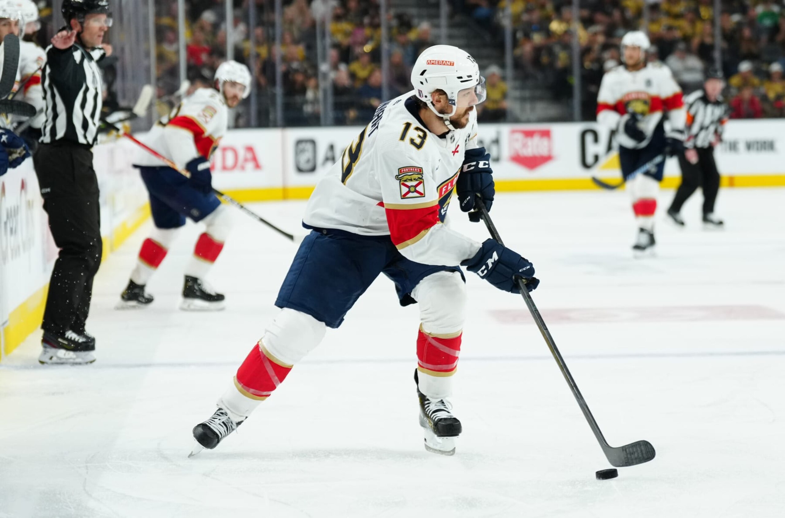 LAS VEGAS, NEVADA - JUNE 13: Sam Reinhart #13 of the Florida Panthers skates during the second period against the Vegas Golden Knights in Game Five of the 2023 NHL Stanley Cup Final at T-Mobile Arena on June 13, 2023 in Las Vegas, Nevada. (Photo by Jeff Bottari/NHLI via Getty Images) LAS VEGAS, NEVADA - JUNE 13: Sam Reinhart #13 of the Florida Panthers skates during the second period against the Vegas Golden Knights in Game Five of the 2023 NHL Stanley Cup Final at T-Mobile Arena on June 13, 2023 in Las Vegas, Nevada. (Photo by Jeff Bottari/NHLI via Getty Images)