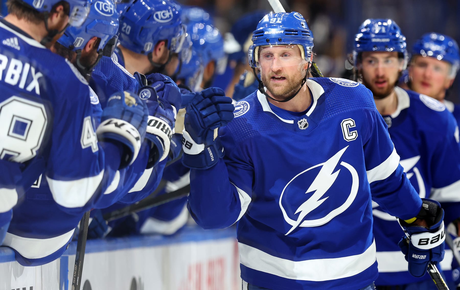 TAMPA, FLORIDA - APRIL 29: Steven Stamkos #91 of the Tampa Bay Lightning celebrates a goal in the third period during  Game Six of the First Round of the 2023 Stanley Cup Playoffs against the Toronto Maple Leafs at Amalie Arena on April 29, 2023 in Tampa, Florida. (Photo by Mike Ehrmann/Getty Images)