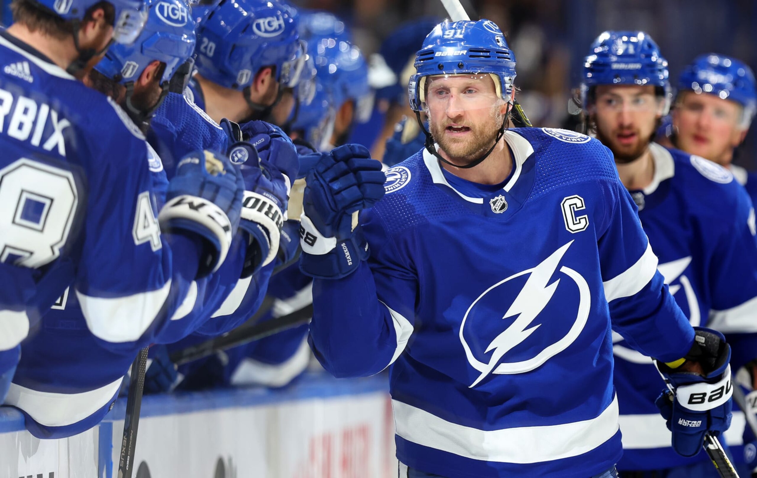 TAMPA, FLORIDA - APRIL 29: Steven Stamkos #91 of the Tampa Bay Lightning celebrates a goal in the third period during Game Six of the First Round of the 2023 Stanley Cup Playoffs against the Toronto Maple Leafs at Amalie Arena on April 29, 2023 in Tampa, Florida. (Photo by Mike Ehrmann/Getty Images) TAMPA, FLORIDA - APRIL 29: Steven Stamkos #91 of the Tampa Bay Lightning celebrates a goal in the third period during Game Six of the First Round of the 2023 Stanley Cup Playoffs against the Toronto Maple Leafs at Amalie Arena on April 29, 2023 in Tampa, Florida. (Photo by Mike Ehrmann/Getty Images)