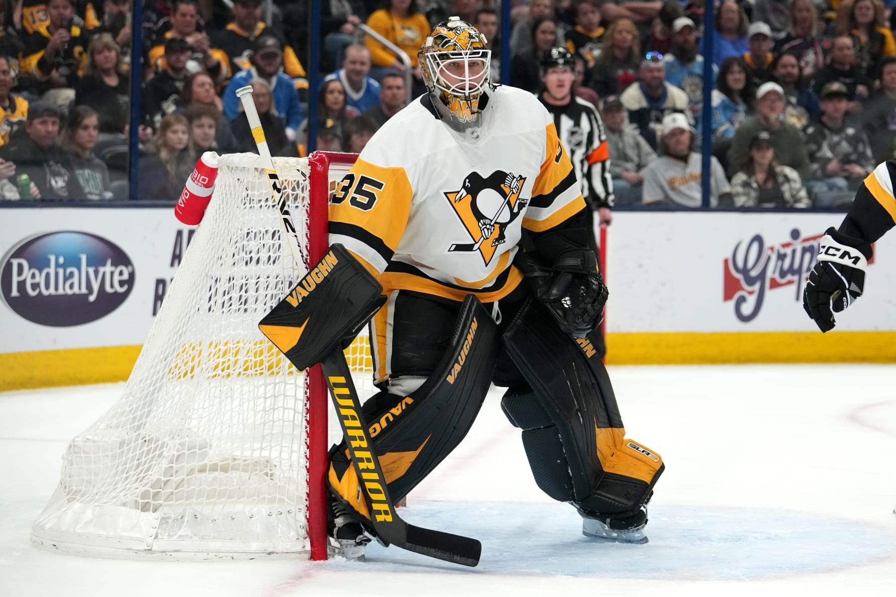 COLUMBUS, OHIO - APRIL 13: Tristan Jarry #35 of the Pittsburgh Penguins looks on during the second period against the Columbus Blue Jackets at Nationwide Arena on April 13, 2023 in Columbus, Ohio. (Photo by Jason Mowry/Getty Images)