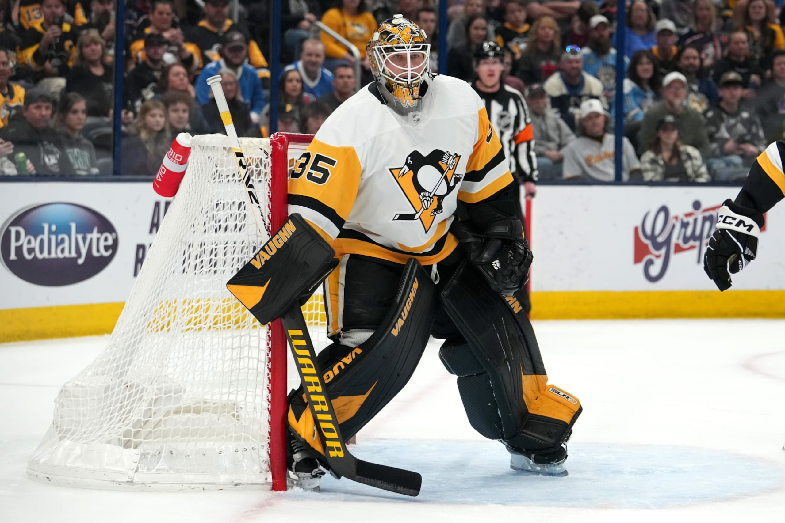 COLUMBUS, OHIO - APRIL 13: Tristan Jarry #35 of the Pittsburgh Penguins looks on during the second period against the Columbus Blue Jackets at Nationwide Arena on April 13, 2023 in Columbus, Ohio. (Photo by Jason Mowry/Getty Images)