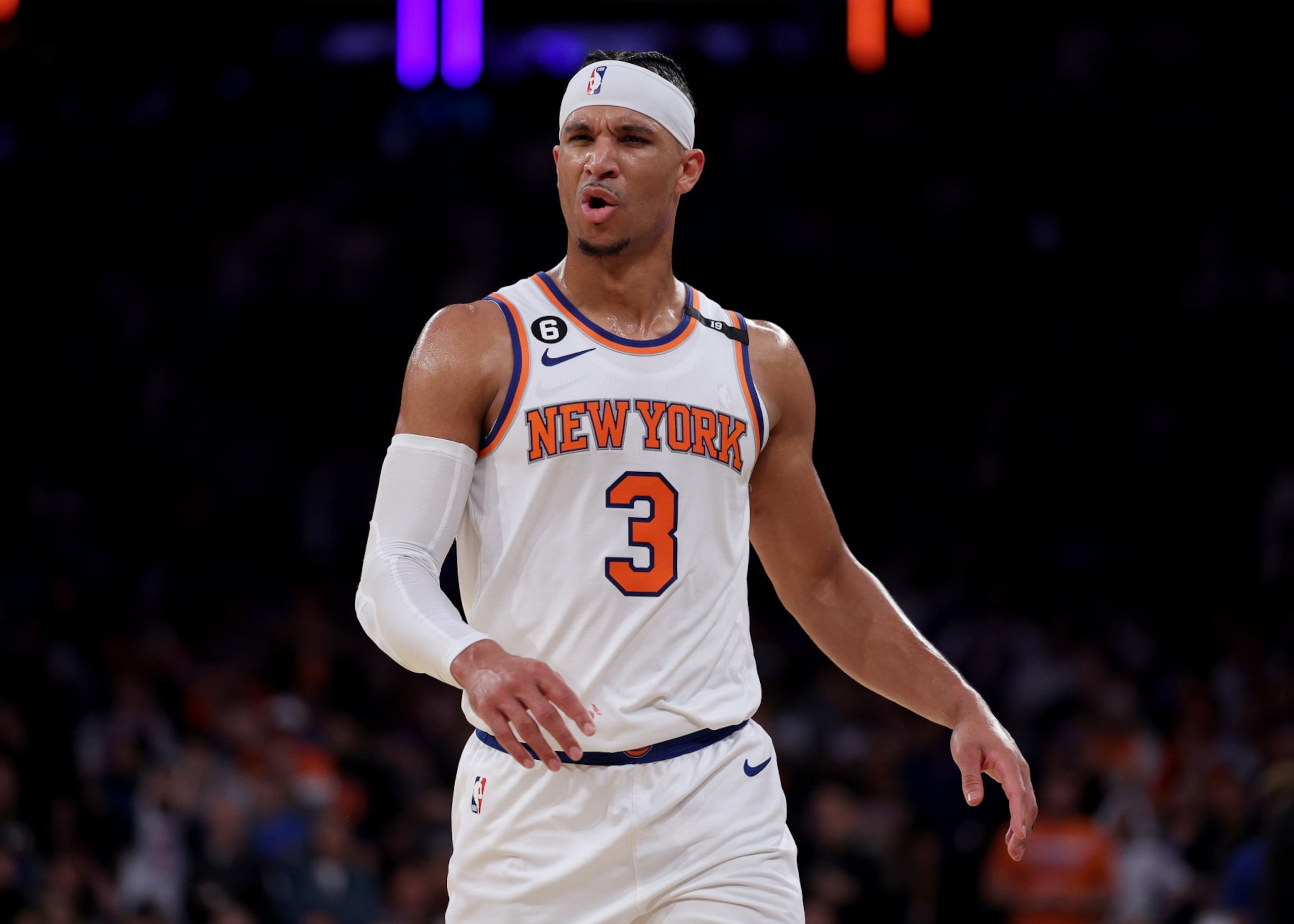 NEW YORK, NEW YORK - APRIL 30: Josh Hart #3 of the New York Knicks reacts to a call in the second half against the Miami Heat during game one of the Eastern Conference Semifinals at Madison Square Garden on April 30, 2023 in New York City. The Miami Heat defeated the New York Knicks 108-101. NOTE TO USER: User expressly acknowledges and agrees that, by downloading and or using this photograph, User is consenting to the terms and conditions of the Getty Images License Agreement. (Photo by Elsa/Getty Images)