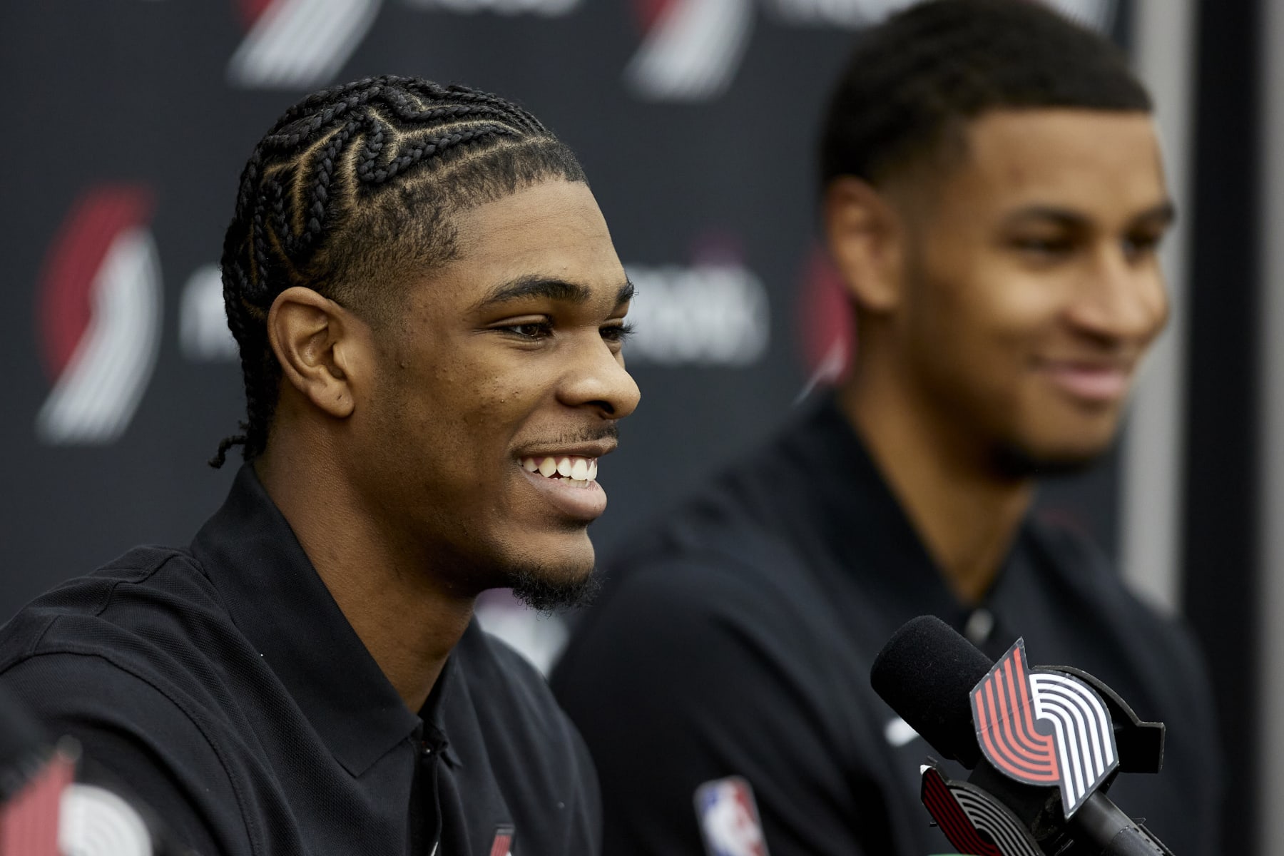 Portland Trail Blazers first round draft pick Scoot Henderson talks to the media during an NBA basketball news conference in Portland, Ore., Saturday, June 24, 2023. (AP Photo/Craig Mitchelldyer)