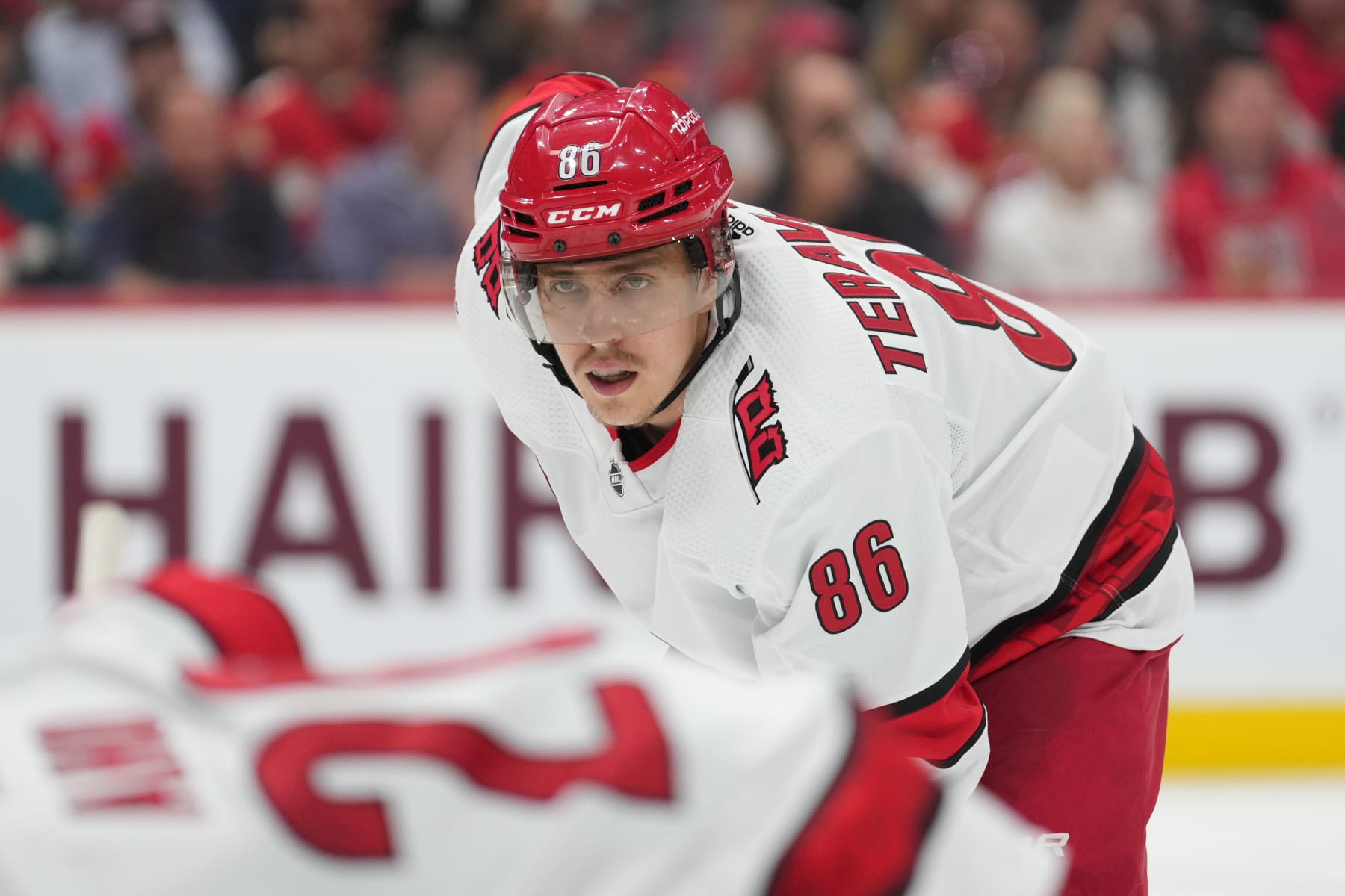 SUNRISE, FL - MAY 24: Carolina Hurricanes left wing Teuvo Teravainen (86) waits for a face off during game four of the Eastern Conference Finals between the Carolina Hurricanes and the Florida Panthers on Wednesday, May 24, 2023 at FLA Live Arena in Sunrise, Fla. (Photo by Peter Joneleit/Icon Sportswire via Getty Images)