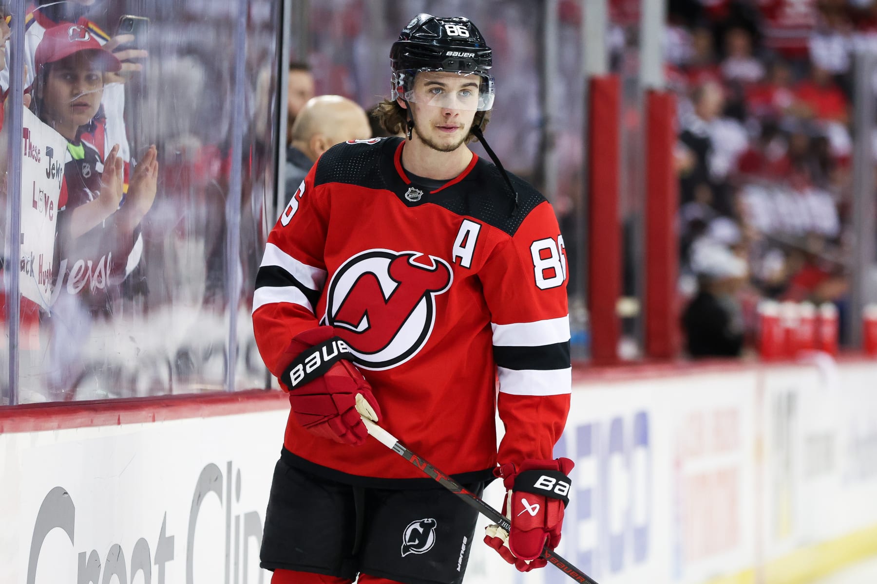 NEWARK, NJ - MAY 09: New Jersey Devils center Jack Hughes (86) warms up before Game 4 of an Eastern Conference Second Round playoff game between the Carolina Hurricanes and the New Jersey Devils on May 9, 2023, at Prudential Center in Newark, New Jersey. (Photo by Andrew Mordzynski/Icon Sportswire via Getty Images)