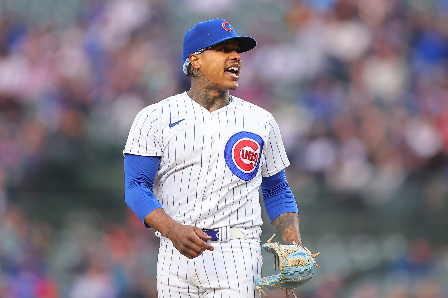 CHICAGO, ILLINOIS - JUNE 15: Marcus Stroman #0 of the Chicago Cubs reacts against the Pittsburgh Pirates at Wrigley Field on June 15, 2023 in Chicago, Illinois. (Photo by Michael Reaves/Getty Images)