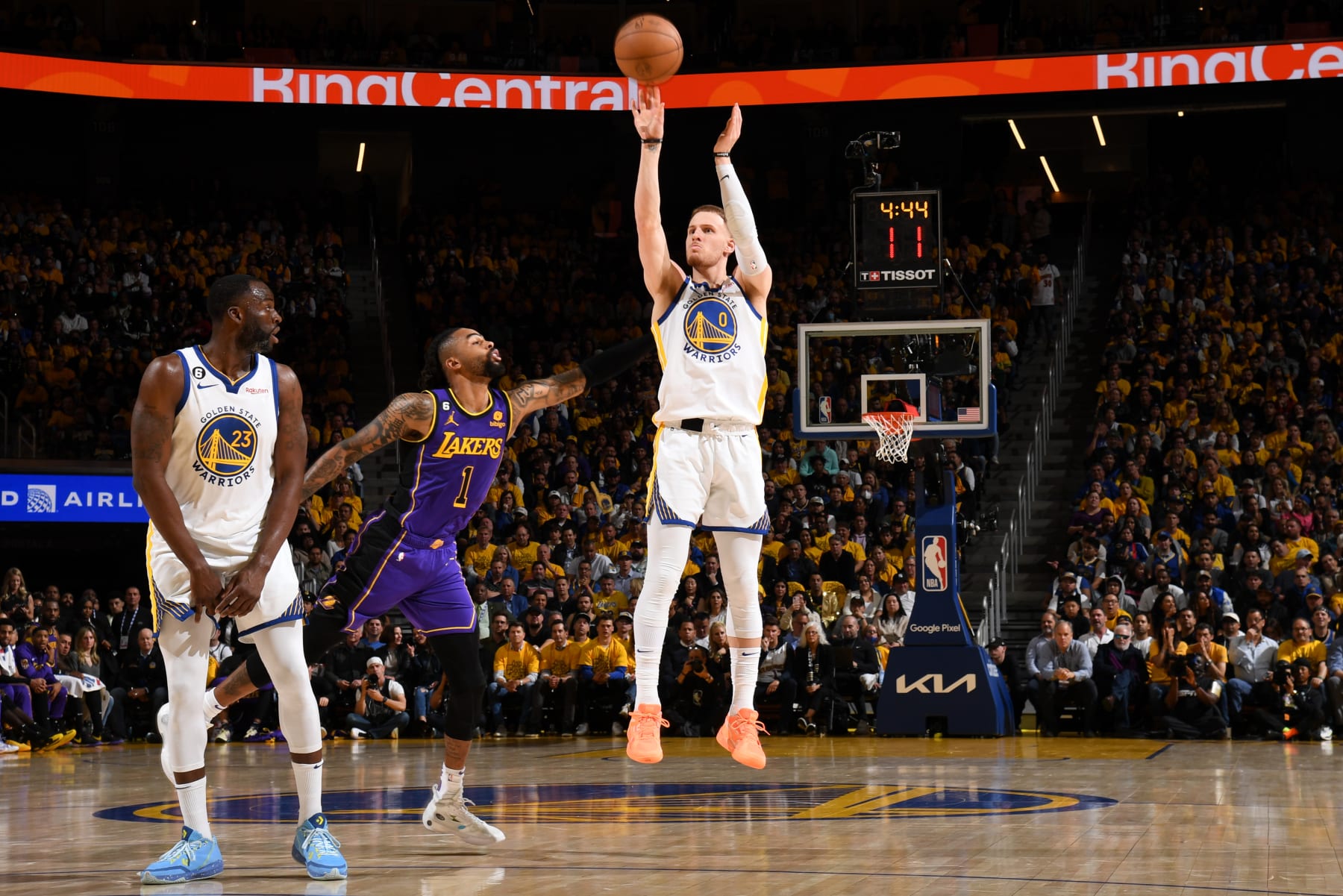 SAN FRANCISCO, CA - MAY 4: Donte DiVincenzo #0 of the Golden State Warriors shoots a three point basket during the game against the Los Angeles Lakers during Game 2 of the 2023 NBA Playoffs Western Conference Semifinals on May 4, 2023 at Chase Center in San Francisco, California. NOTE TO USER: User expressly acknowledges and agrees that, by downloading and or using this photograph, user is consenting to the terms and conditions of Getty Images License Agreement. Mandatory Copyright Notice: Copyright 2023 NBAE (Photo by Noah Graham/NBAE via Getty Images)