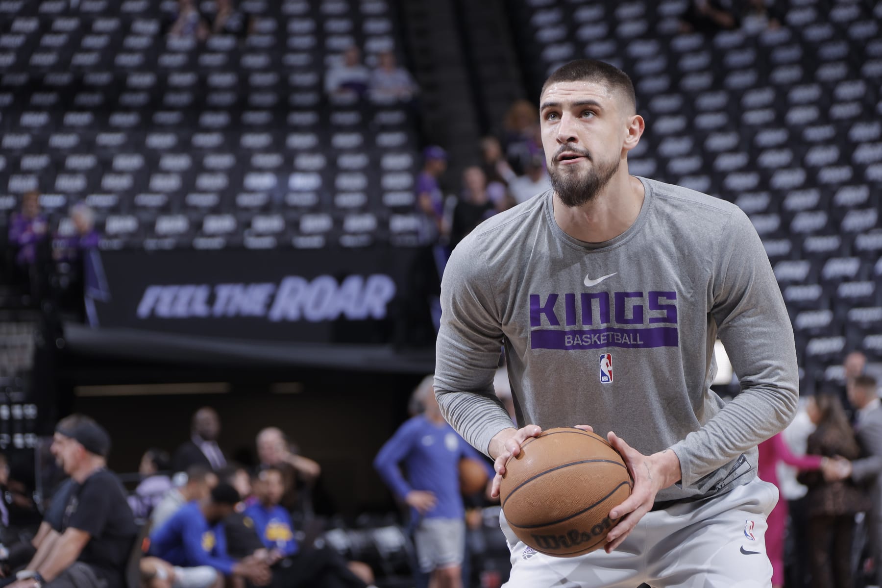 SACRAMENTO, CA - APRIL 26: Alex Len #25 of the Sacramento Kings warms up prior to the game against the Golden State Warriors during Round 1 Game 5 of the 2023 NBA Playoffs on April 26, 2023 at Golden 1 Center in Sacramento, California. NOTE TO USER: User expressly acknowledges and agrees that, by downloading and or using this photograph, User is consenting to the terms and conditions of the Getty Images Agreement. Mandatory Copyright Notice: Copyright 2023 NBAE (Photo by Rocky Widner/NBAE via Getty Images)