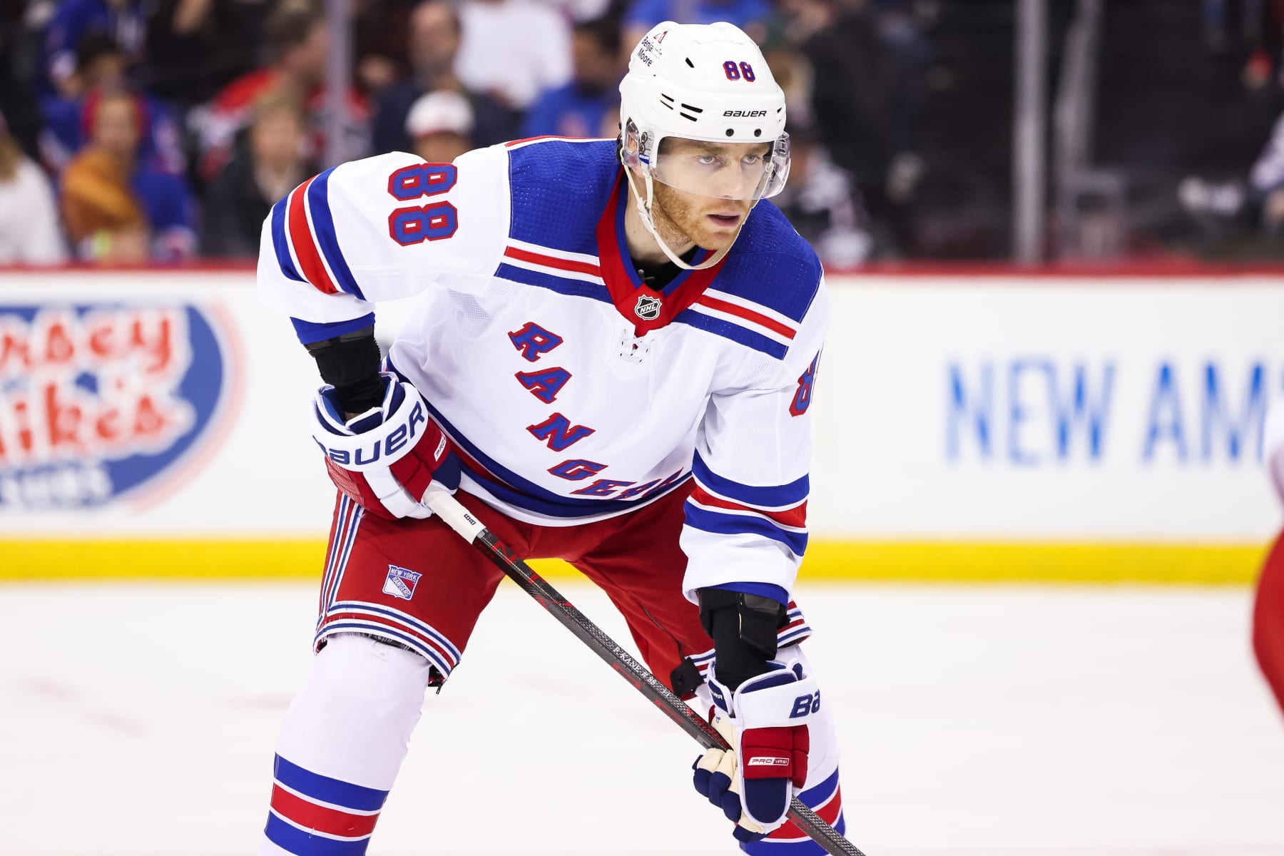 NEWARK, NJ - APRIL 27: New York Rangers right wing Patrick Kane (88) looks on during the National Hockey League game between the New York Rangers and the New Jersey Devils on April 27, 2023 at Prudential Center in Newark, NJ. (Photo by Andrew Mordzynski/Icon Sportswire via Getty Images) NEWARK, NJ - APRIL 27: New York Rangers right wing Patrick Kane (88) looks on during the National Hockey League game between the New York Rangers and the New Jersey Devils on April 27, 2023 at Prudential Center in Newark, NJ. (Photo by Andrew Mordzynski/Icon Sportswire via Getty Images)