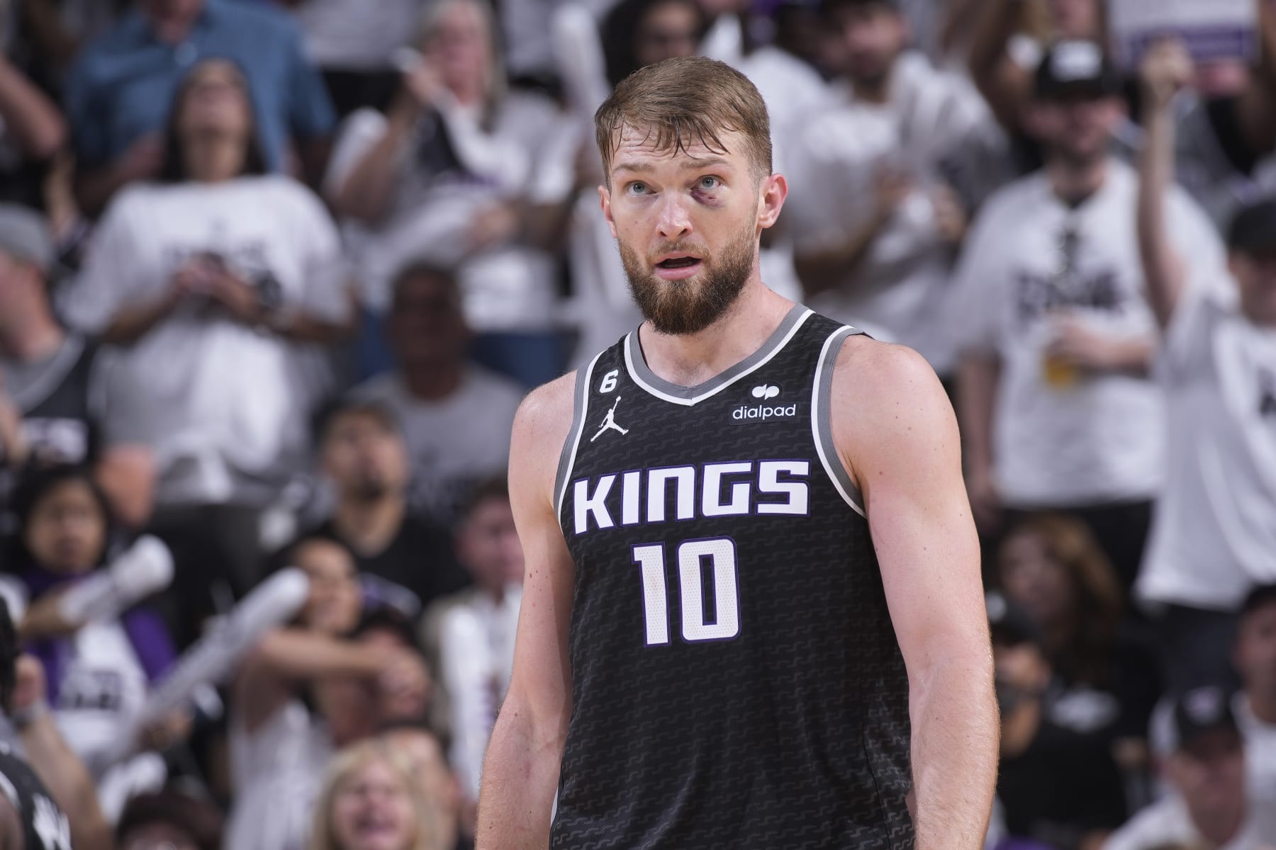 SACRAMENTO, CA - APRIL 30: Domantas Sabonis #10 of the Sacramento Kings looks on during the game against the Golden State Warriors during Round 1 Game 7 of the 2023 NBA Playoffs on April 30, 2023 at Golden 1 Center in Sacramento, California. NOTE TO USER: User expressly acknowledges and agrees that, by downloading and or using this photograph, User is consenting to the terms and conditions of the Getty Images Agreement. Mandatory Copyright Notice: Copyright 2023 NBAE (Photo by Rocky Widner/NBAE via Getty Images)