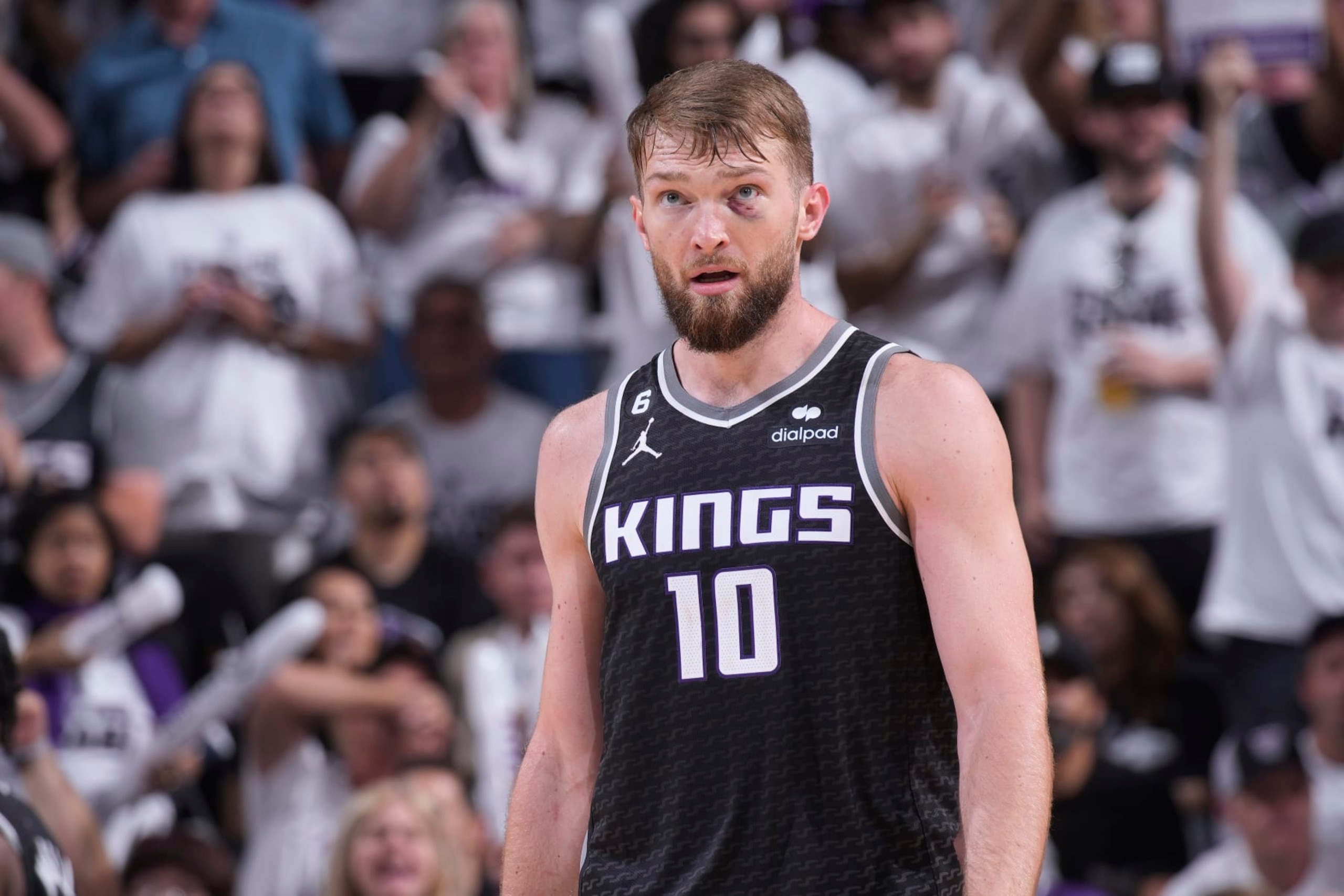 SACRAMENTO, CA - APRIL 30: Domantas Sabonis #10 of the Sacramento Kings looks on during the game against the Golden State Warriors during Round 1 Game 7 of the 2023 NBA Playoffs on April 30, 2023 at Golden 1 Center in Sacramento, California. NOTE TO USER: User expressly acknowledges and agrees that, by downloading and or using this photograph, User is consenting to the terms and conditions of the Getty Images Agreement. Mandatory Copyright Notice: Copyright 2023 NBAE (Photo by Rocky Widner/NBAE via Getty Images)