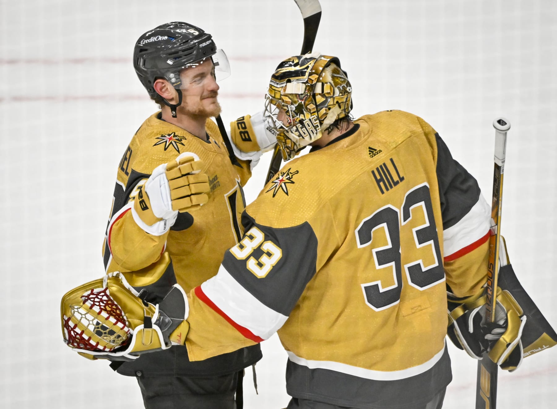 LAS VEGAS, NEVADA - JUNE 05: Adin Hill #33 of the Vegas Golden Knights celebrates with Jack Eichel #9 after a 7-2 victory against the Florida Panthers in Game Two of the 2023 NHL Stanley Cup Final at T-Mobile Arena on June 05, 2023 in Las Vegas, Nevada. (Photo by David Becker/NHLI via Getty Images) LAS VEGAS, NEVADA - JUNE 05: Adin Hill #33 of the Vegas Golden Knights celebrates with Jack Eichel #9 after a 7-2 victory against the Florida Panthers in Game Two of the 2023 NHL Stanley Cup Final at T-Mobile Arena on June 05, 2023 in Las Vegas, Nevada. (Photo by David Becker/NHLI via Getty Images)