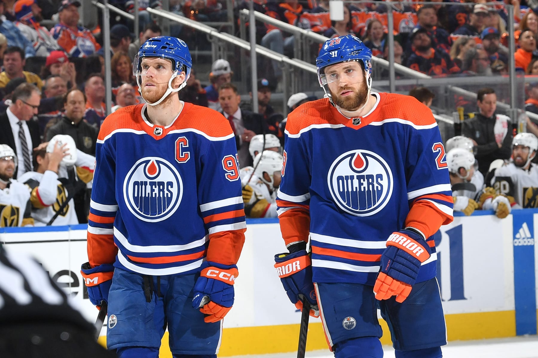 EDMONTON, CANADA - MAY 8: Connor McDavid #97 and Leon Draisaitl #29 of the Edmonton Oilers await a face-off in Game Three of the Second Round of the 2023 Stanley Cup Playoffs against the Vegas Golden Knights at Rogers Place on May 8, 2023, in Edmonton, Alberta, Canada. (Photo by Andy Devlin/NHLI via Getty Images) EDMONTON, CANADA - MAY 8: Connor McDavid #97 and Leon Draisaitl #29 of the Edmonton Oilers await a face-off in Game Three of the Second Round of the 2023 Stanley Cup Playoffs against the Vegas Golden Knights at Rogers Place on May 8, 2023, in Edmonton, Alberta, Canada. (Photo by Andy Devlin/NHLI via Getty Images)