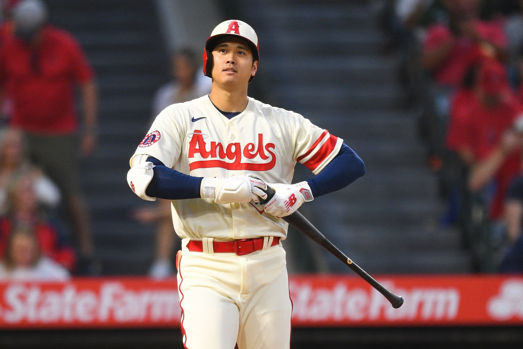 ANAHEIM, CA - JULY 01: Los Angeles Angels designated hitter Shohei Ohtani (17) looks on during the MLB game between the Arizona Diamondbacks and the Los Angeles Angels of Anaheim on July 1, 2023 at Angel Stadium of Anaheim in Anaheim, CA. (Photo by Brian Rothmuller/Icon Sportswire via Getty Images)