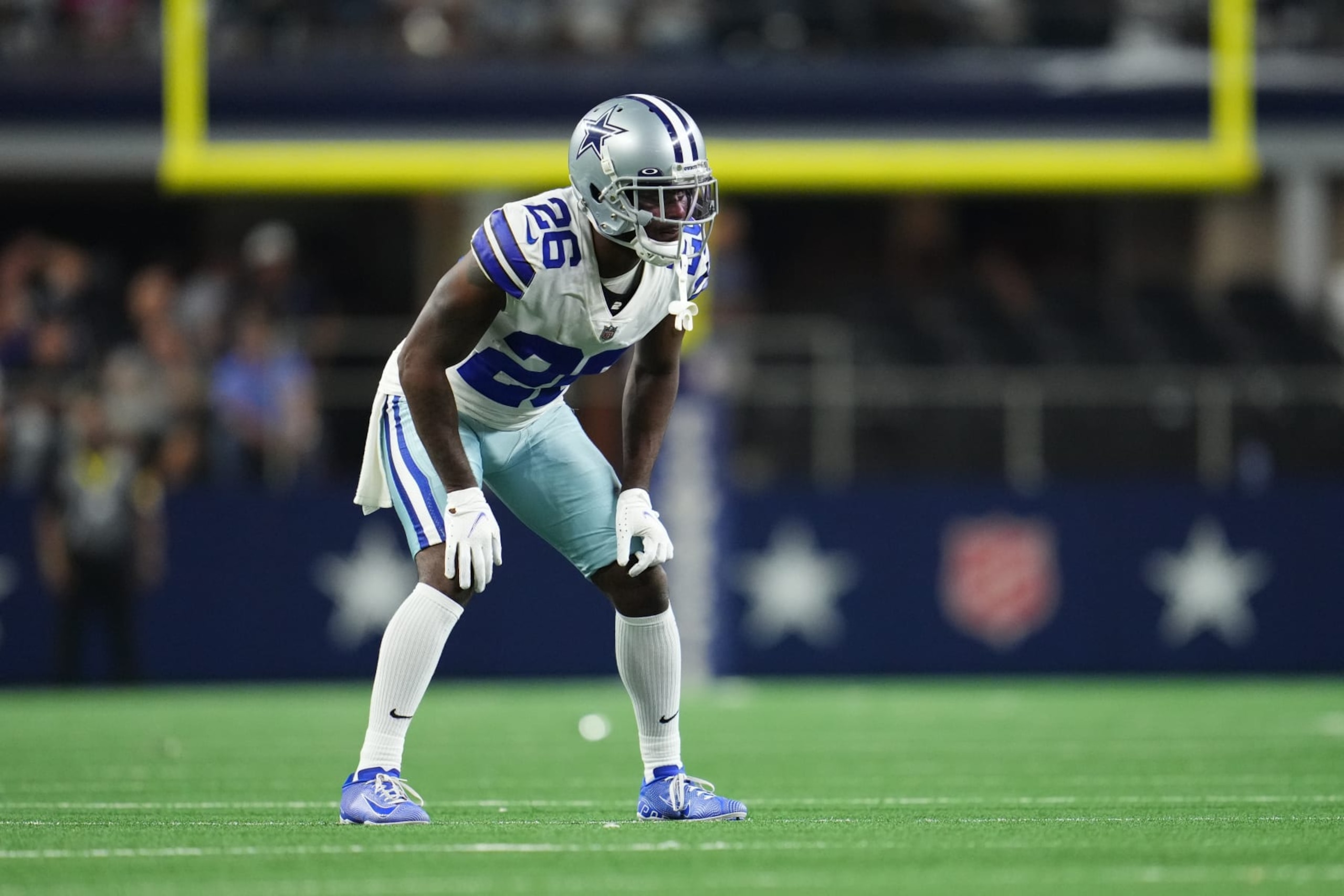 ARLINGTON, TEXAS - SEPTEMBER 27: Jourdan Lewis #26 of the Dallas Cowboys gets set against the Philadelphia Eagles during an NFL game at AT&T Stadium on September 27, 2021 in Arlington, Texas. (Photo by Cooper Neill/Getty Images)