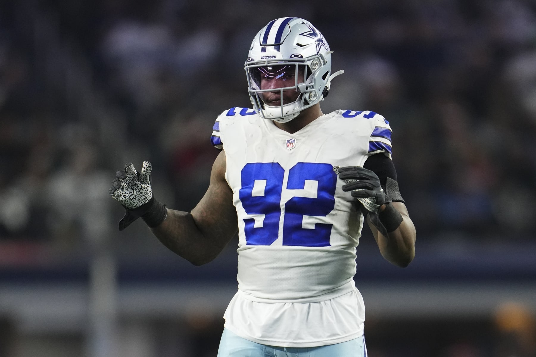 ARLINGTON, TX - DECEMBER 24: Dorance Armstrong #92 of the Dallas Cowboys defends against the Philadelphia Eagles at AT&T Stadium on December 24, 2022 in Arlington, Texas. (Photo by Cooper Neill/Getty Images)