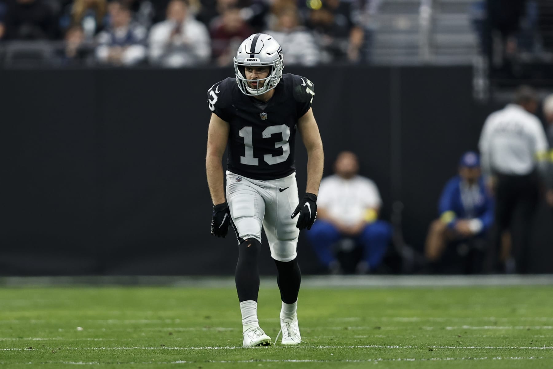 LAS VEGAS, NEVADA - DECEMBER 18: Hunter Renfrow #13 of the Las Vegas Raiders lines up during an NFL football game between the Las Vegas Raiders and the New England Patriots at Allegiant Stadium on December 18, 2022 in Las Vegas, Nevada. (Photo by Michael Owens/Getty Images)