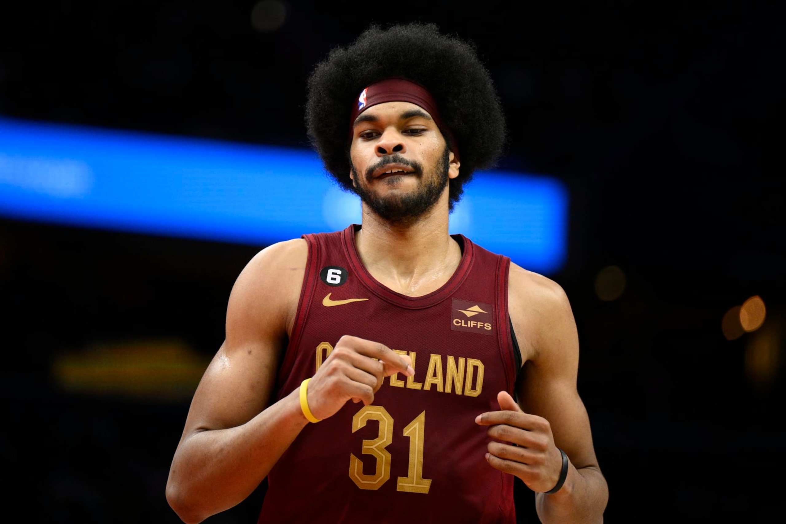 Cleveland Cavaliers center Jarrett Allen (31) looks on during the second half of an NBA basketball game against the Washington Wizards, Monday, Feb. 6, 2023, in Washington. The Cavaliers won 114-91. (AP Photo/Nick Wass) Cleveland Cavaliers center Jarrett Allen (31) looks on during the second half of an NBA basketball game against the Washington Wizards, Monday, Feb. 6, 2023, in Washington. The Cavaliers won 114-91. (AP Photo/Nick Wass)
