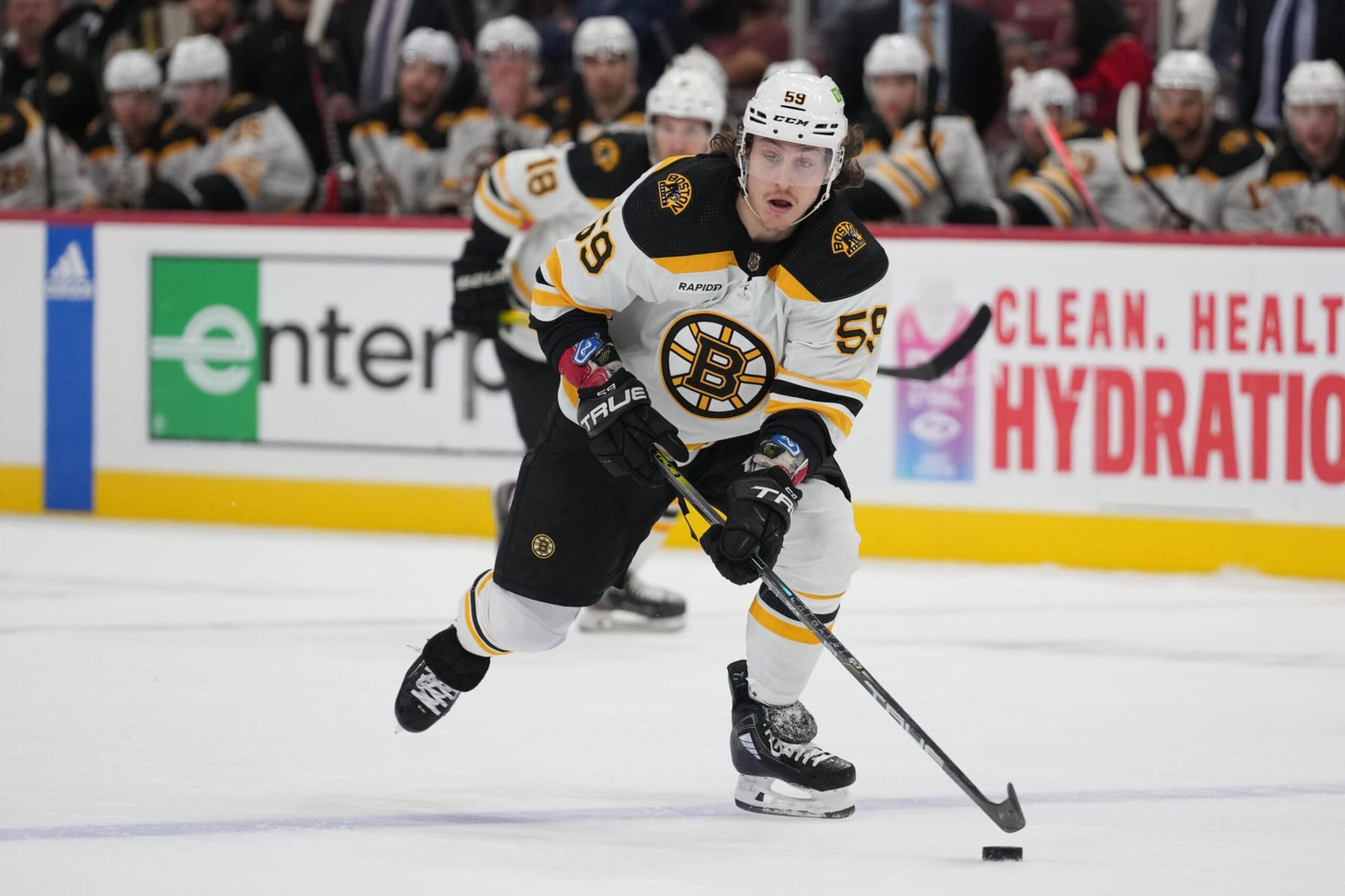 SUNRISE, FL - APRIL 23: Boston Bruins left wing Tyler Bertuzzi (59) attacks the net in the third period during game four of  the first round of the Eastern Conference Playoffs between the Boston Bruins and the Florida Panthers on Friday, April 23, 2023 at FLA Live Arena in Sunrise, Fla  (Photo by Peter Joneleit/Icon Sportswire via Getty Images)