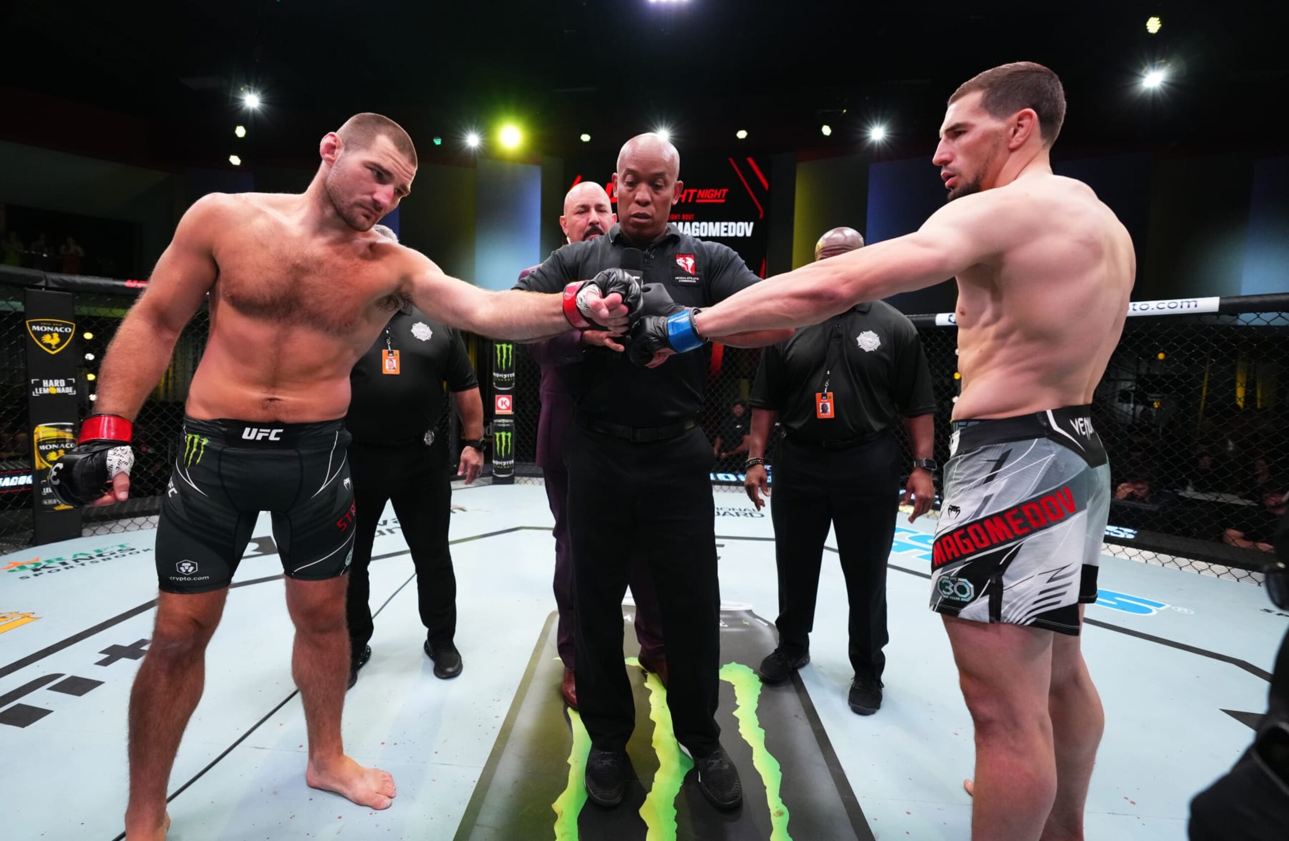 LAS VEGAS, NEVADA - JULY 01: (L-R) Opponents Sean Strickland and Abus Magomedov of Russia face off prior to a middleweight fight during the UFC Fight Night event at UFC APEX on July 01, 2023 in Las Vegas, Nevada. (Photo by Chris Unger/Zuffa LLC via Getty Images)