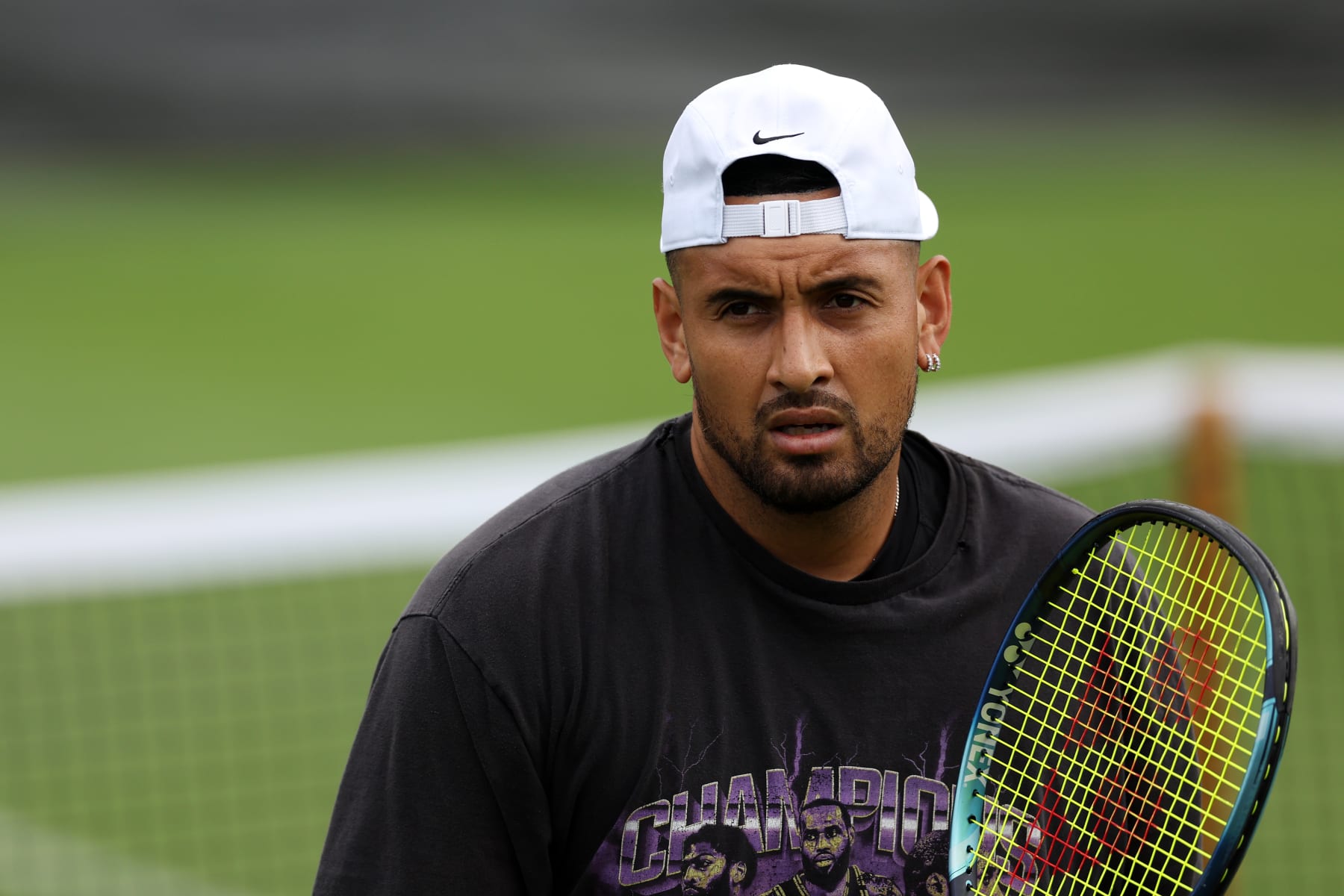 LONDON, ENGLAND - JULY 02: Nick Kyrgios of Australia looks on during a practice session ahead of The Championships - Wimbledon 2023 at All England Lawn Tennis and Croquet Club on July 02, 2023 in London, England. (Photo by Patrick Smith/Getty Images)
