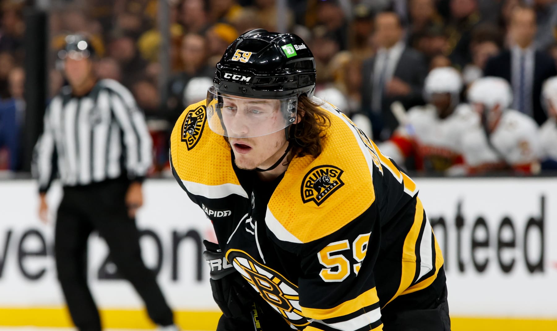 BOSTON, MASSACHUSETTS - APRIL 17: Tyler Bertuzzi #59 of the Boston Bruins skates against the Florida Panthers during the first period of Game One of the First Round of the 2023 Stanley Cup Playoffs at the TD Garden on April 17, 2023 in Boston, Massachusetts. The Bruins won 3-1. (Photo by Richard T Gagnon/Getty Images)