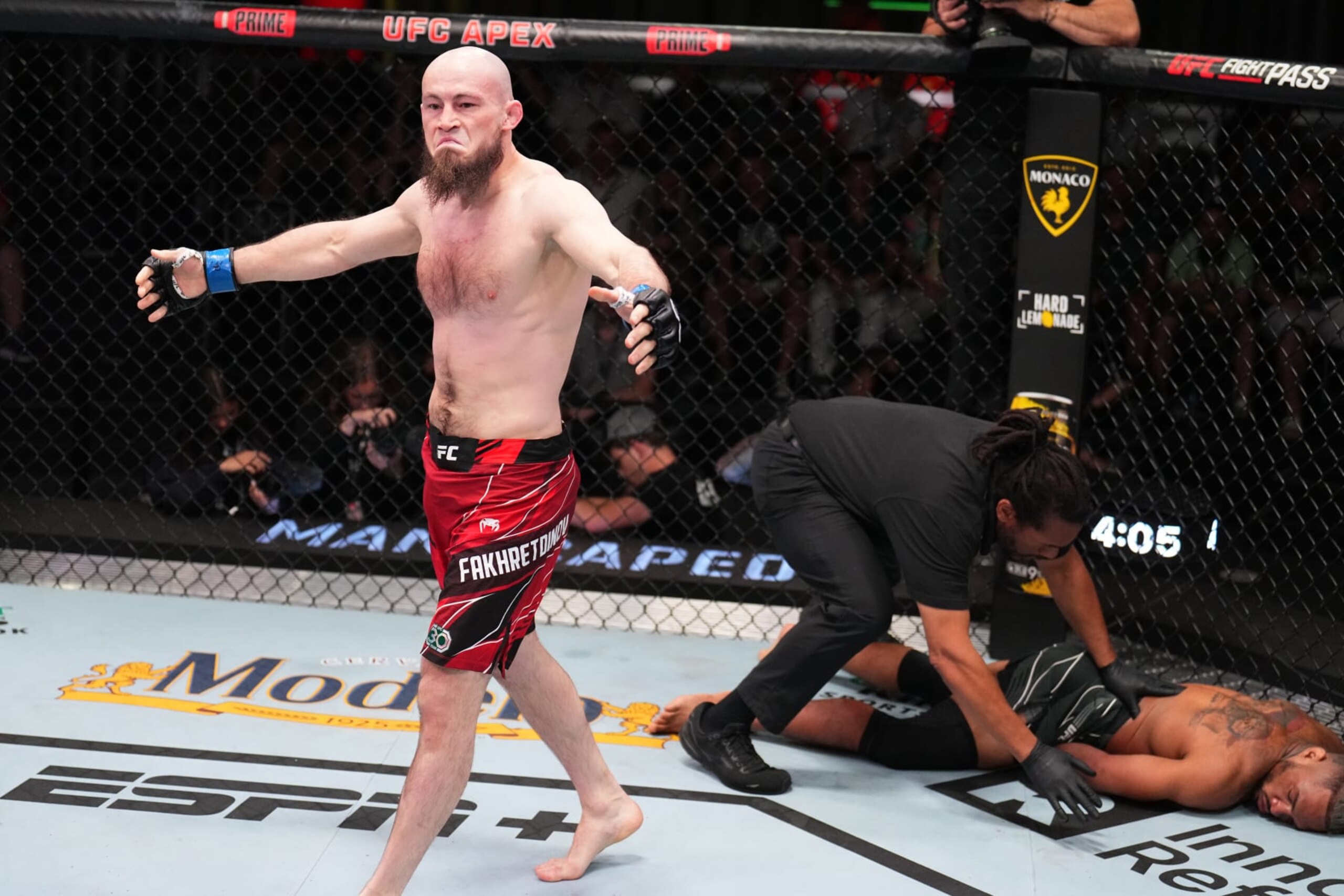 LAS VEGAS, NEVADA - JULY 01: Rinat Fakhretdinov of Russia reacts after his submission victory over Kevin Lee in a welterweight fight during the UFC Fight Night event at UFC APEX on July 01, 2023 in Las Vegas, Nevada. (Photo by Chris Unger/Zuffa LLC via Getty Images)