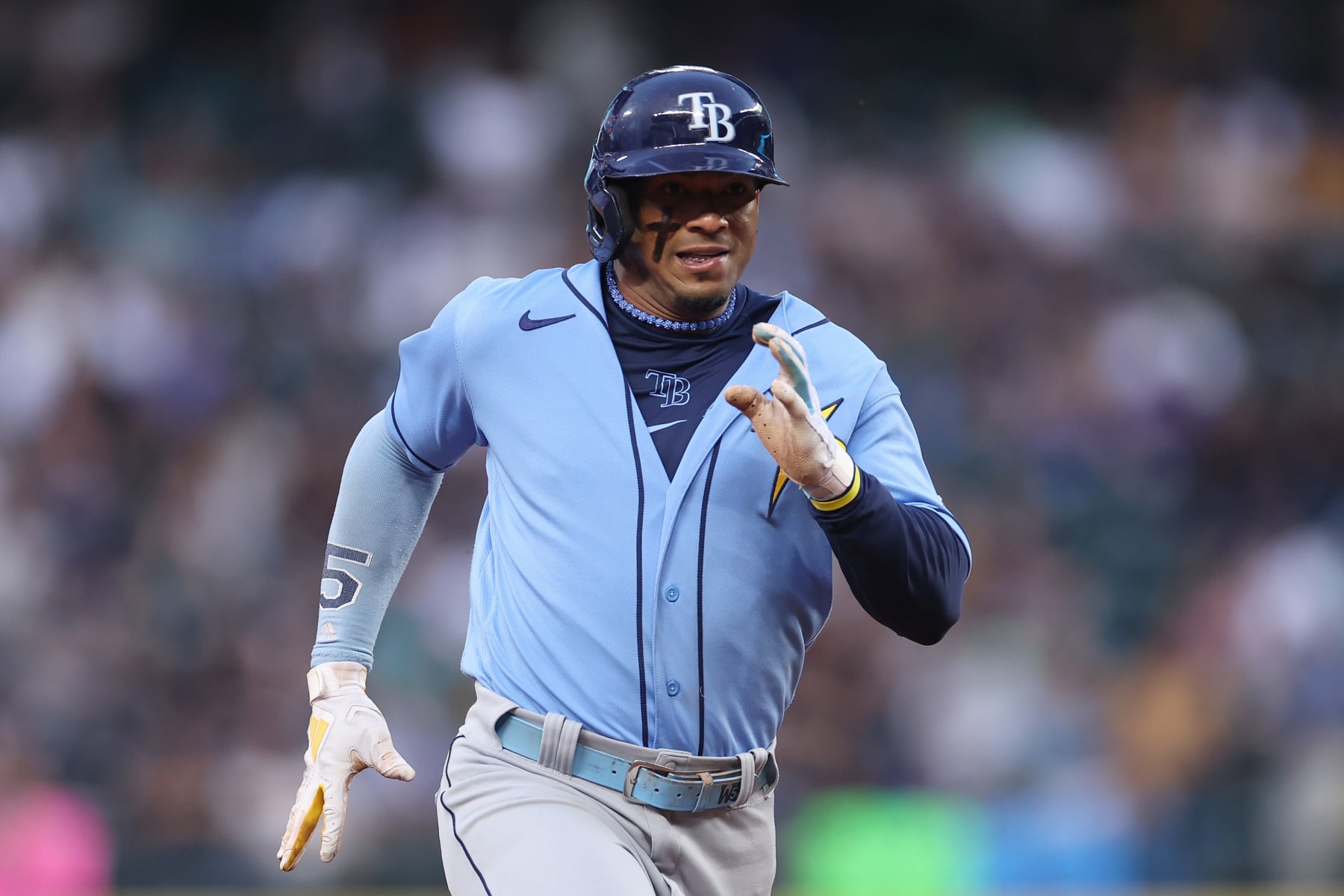 SEATTLE, WASHINGTON - JUNE 30: Wander Franco #5 of the Tampa Bay Rays triples against the Seattle Mariners during the fifth inning at T-Mobile Park on June 30, 2023 in Seattle, Washington. (Photo by Steph Chambers/Getty Images)