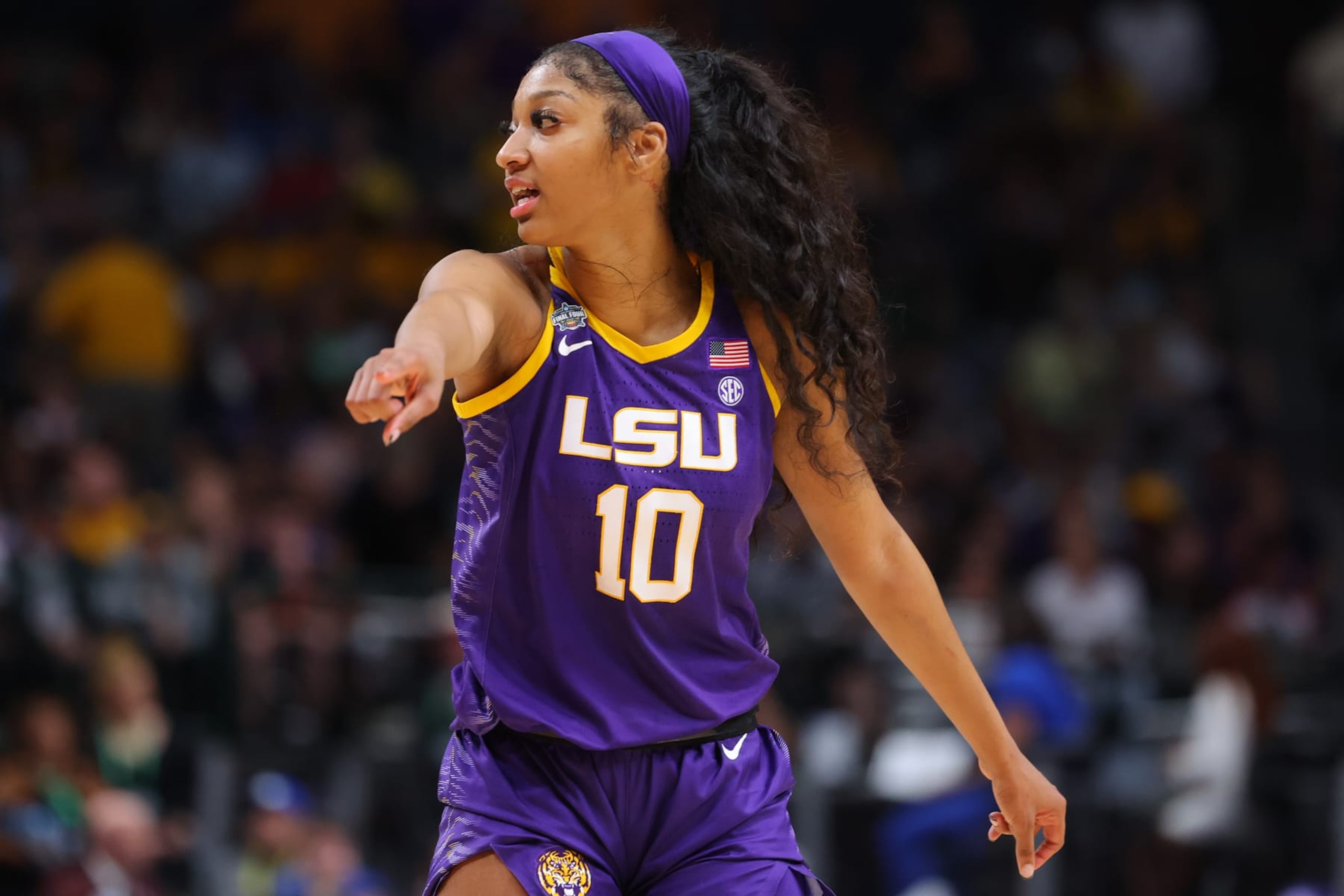 DALLAS, TX - APRIL 02: Angel Reese #10 of the LSU Lady Tigers reacts against the Iowa Hawkeyes during the 2023 NCAA Women's Basketball Tournament National Championship at American Airlines Center on April 2, 2023 in Dallas, Texas. (Photo by C. Morgan Engel/NCAA Photos via Getty Images) DALLAS, TX - APRIL 02: Angel Reese #10 of the LSU Lady Tigers reacts against the Iowa Hawkeyes during the 2023 NCAA Women's Basketball Tournament National Championship at American Airlines Center on April 2, 2023 in Dallas, Texas. (Photo by C. Morgan Engel/NCAA Photos via Getty Images)
