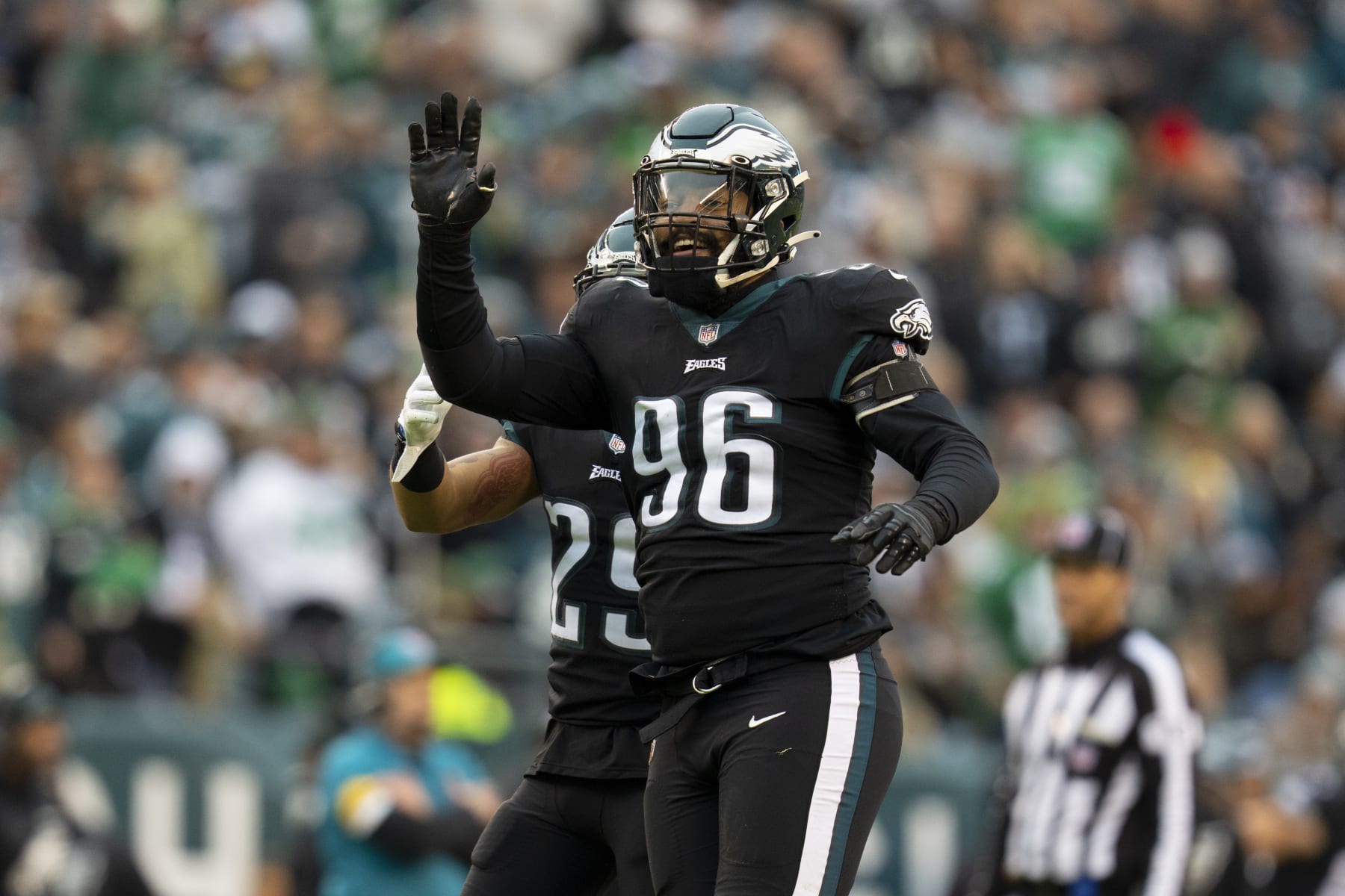 PHILADELPHIA, PA - NOVEMBER 21: Derek Barnett #96 of the Philadelphia Eagles reacts against the New Orleans Saints at Lincoln Financial Field on November 21, 2021 in Philadelphia, Pennsylvania. (Photo by Mitchell Leff/Getty Images)