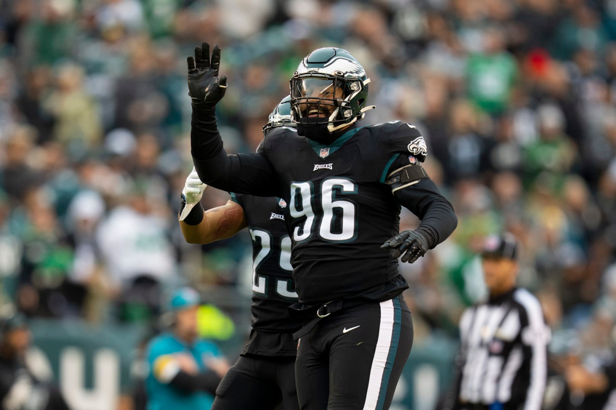 PHILADELPHIA, PA - NOVEMBER 21: Derek Barnett #96 of the Philadelphia Eagles reacts against the New Orleans Saints at Lincoln Financial Field on November 21, 2021 in Philadelphia, Pennsylvania. (Photo by Mitchell Leff/Getty Images)