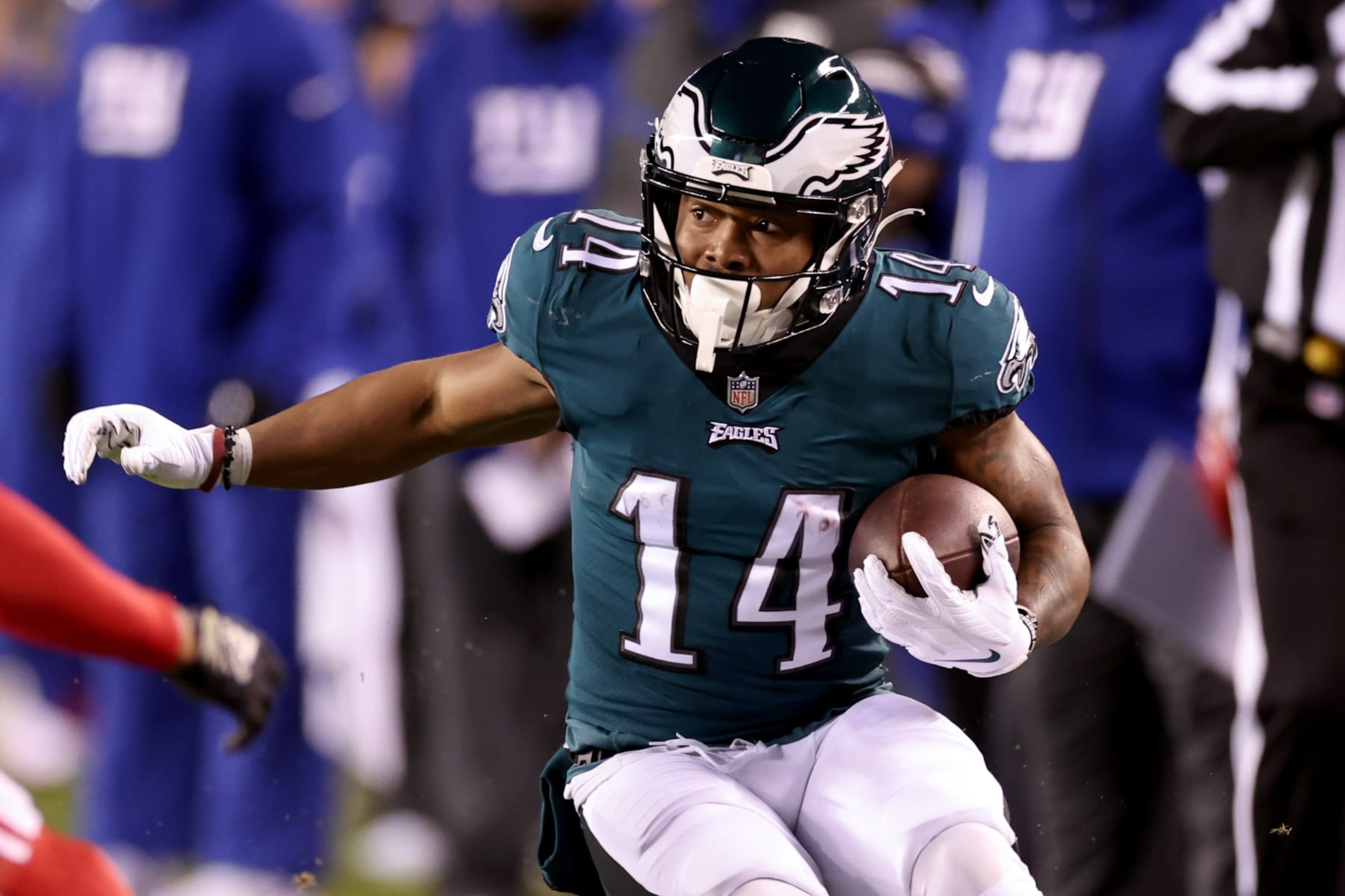 PHILADELPHIA, PENNSYLVANIA - JANUARY 21: Kenneth Gainwell #14 of the Philadelphia Eagles carries the ball against the New York Giants during the second quarter in the NFC Divisional Playoff game at Lincoln Financial Field on January 21, 2023 in Philadelphia, Pennsylvania. (Photo by Tim Nwachukwu/Getty Images)