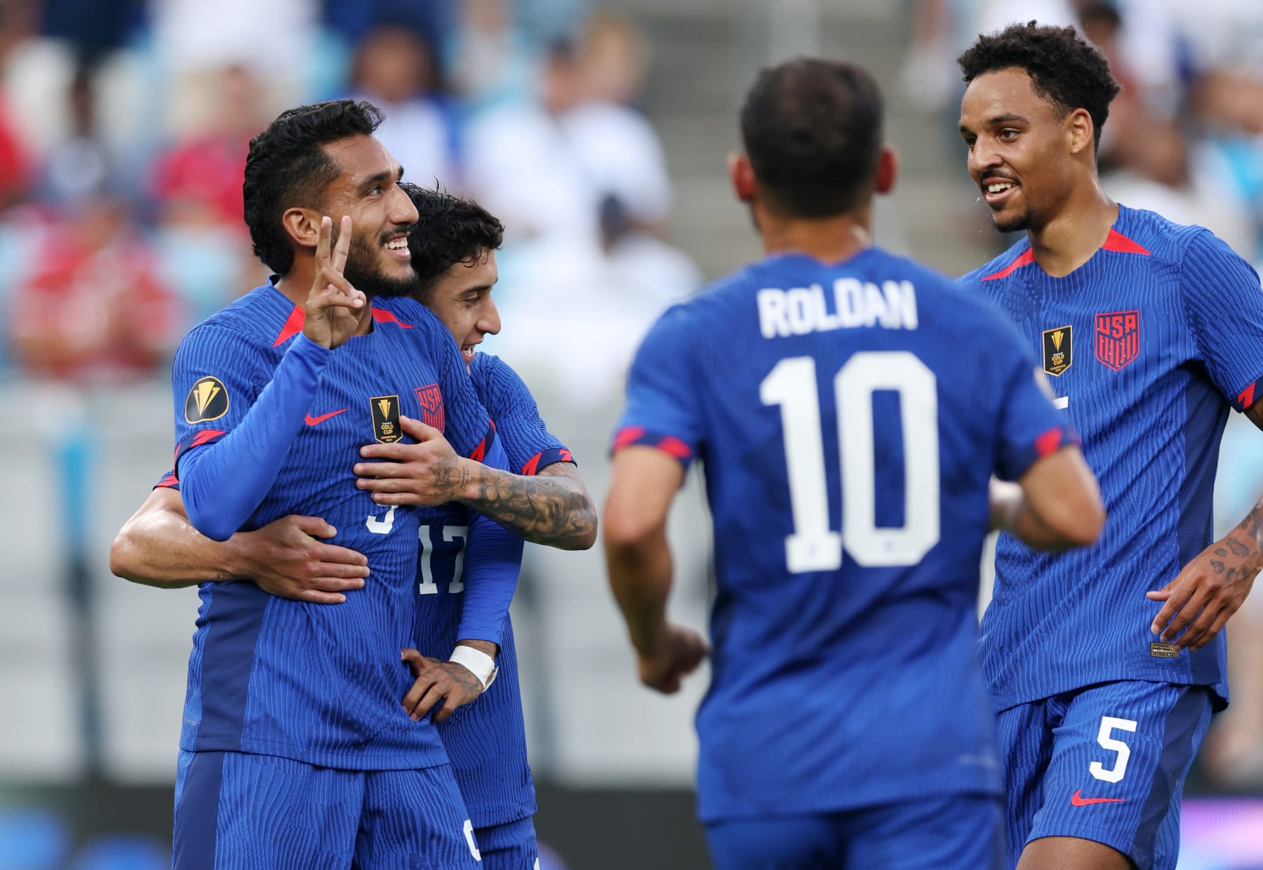 CHARLOTTE, NORTH CAROLINA - JULY 02: Jesús Ferreira #9 of the United States  celebrates scoring with teammates during the first half of a Group A - 2023 Concacaf Gold Cup match against Trinidad and Tobago at Bank of America Stadium on July 02, 2023 in Charlotte, North Carolina. (Photo by John Dorton/USSF/Getty Images for USSF)