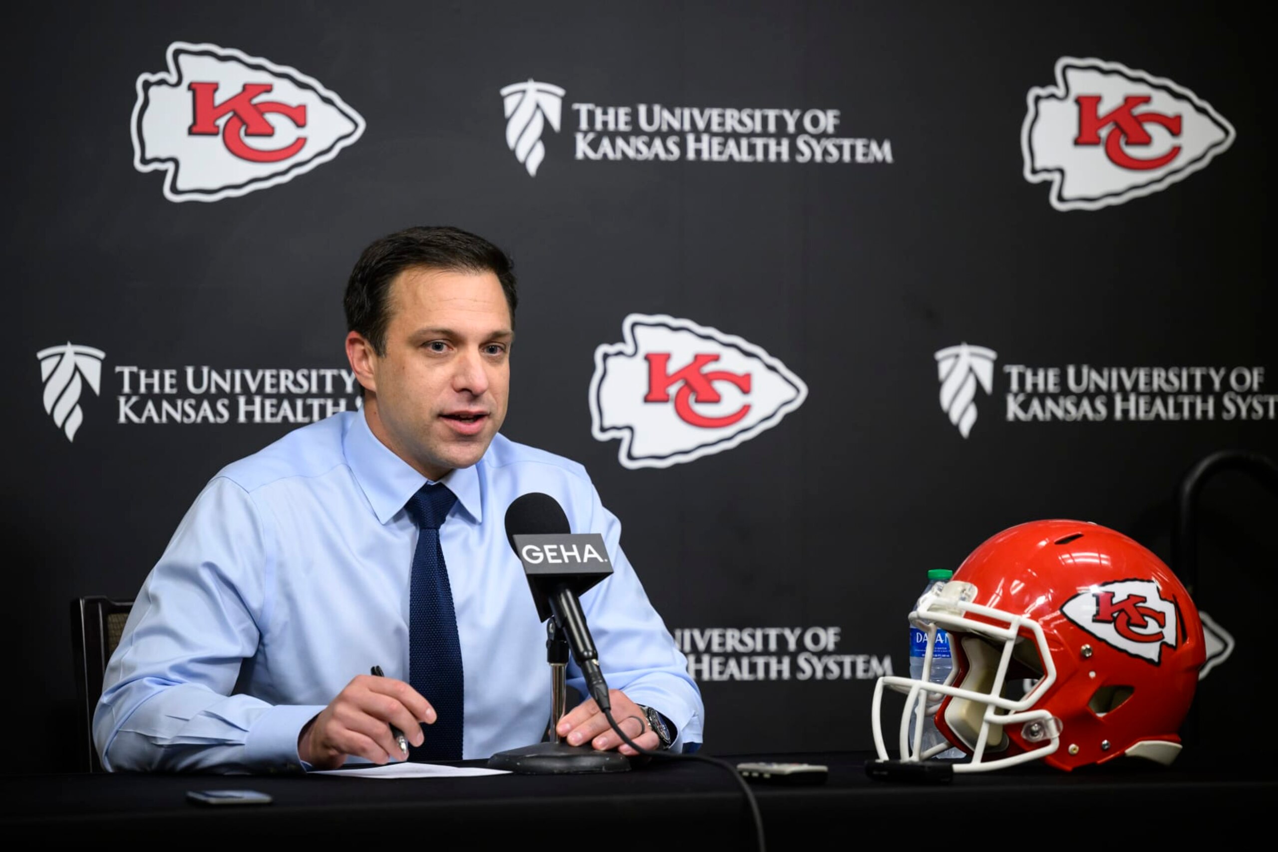 Kansas City Chiefs general manager Brett Veach speaks to the press after drafting Felix Anudike-Uzomah in the first round of the NFL draft Thursday, April 27, 2023, in Kansas City, Mo. (AP Photo/Reed Hoffmann)