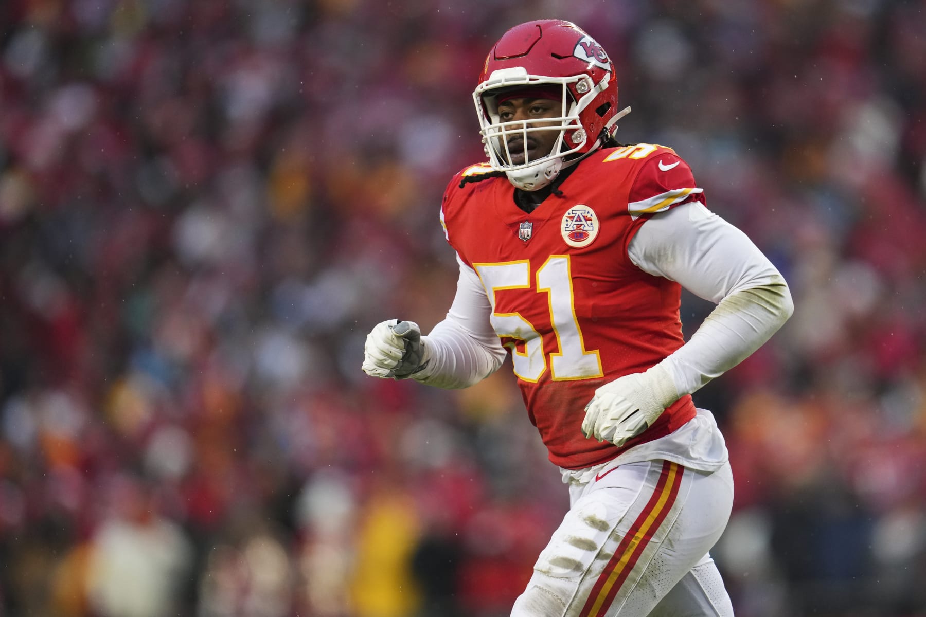 KANSAS CITY, MO - JANUARY 21: Mike Danna #51 of the Kansas City Chiefs gets set against the Jacksonville Jaguars at GEHA Field at Arrowhead Stadium on January 21, 2023 in Kansas City, Missouri. (Photo by Cooper Neill/Getty Images)