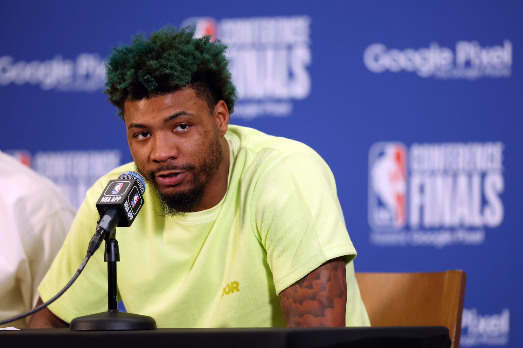 BOSTON, MASSACHUSETTS - MAY 29: Marcus Smart #36 of the Boston Celtics speaks during a press conference after the Miami Heat defeated the Boston Celtics 103-84 in game seven of the Eastern Conference Finals at TD Garden on May 29, 2023 in Boston, Massachusetts. NOTE TO USER: User expressly acknowledges and agrees that, by downloading and or using this photograph, User is consenting to the terms and conditions of the Getty Images License Agreement. (Photo by Maddie Meyer/Getty Images)