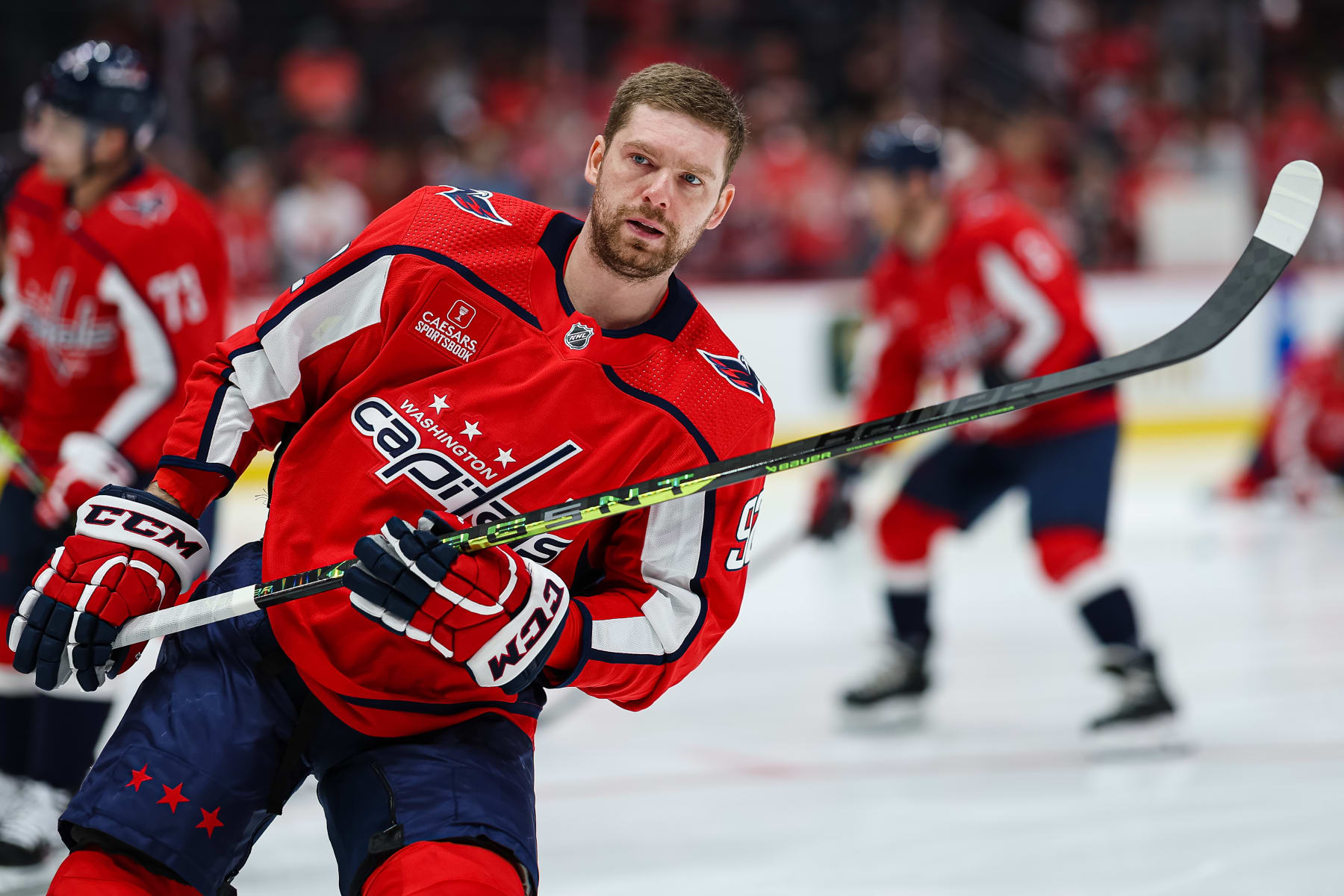 WASHINGTON, DC - APRIL 13: Evgeny Kuznetsov #92 of the Washington Capitals skates before the game against the New Jersey Devils at Capital One Arena on April 13, 2023 in Washington, DC. (Photo by Scott Taetsch/Getty Images)