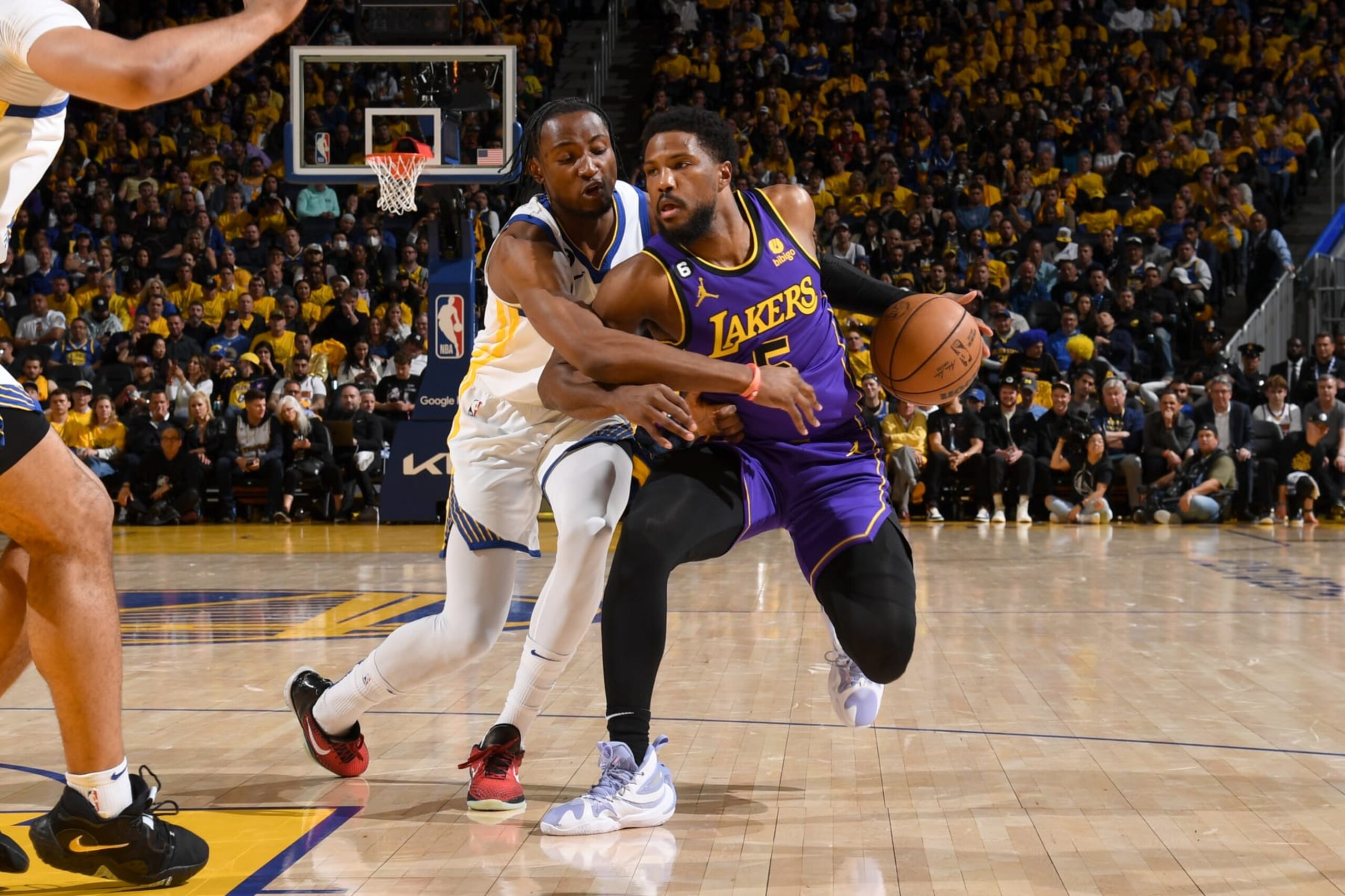 SAN FRANCISCO, CA - MAY 4: Malik Beasley #5 of the Los Angeles Lakers dribbles the ball during the game against the Golden State Warriors during Game 2 of the 2023 NBA Playoffs Western Conference Semifinals on May 4, 2023 at Chase Center in San Francisco, California. NOTE TO USER: User expressly acknowledges and agrees that, by downloading and or using this photograph, user is consenting to the terms and conditions of Getty Images License Agreement. Mandatory Copyright Notice: Copyright 2023 NBAE (Photo by Noah Graham/NBAE via Getty Images)