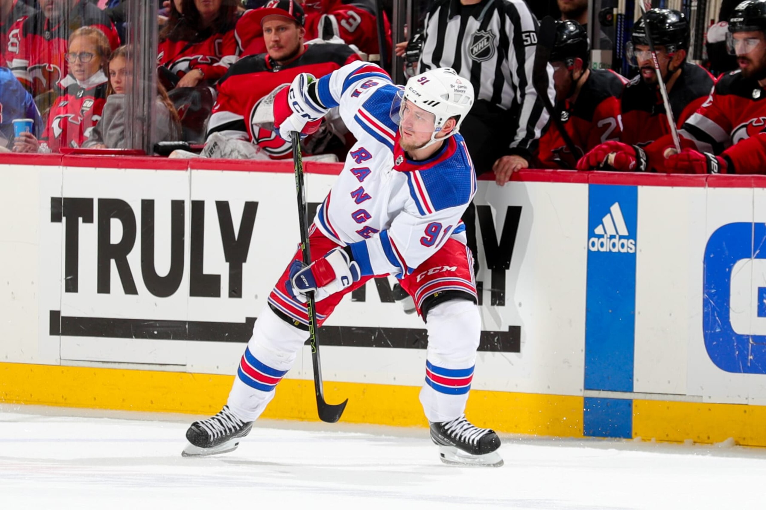NEWARK, NJ - MAY 01:  Vladimir Tarasenko #91 of the New York Rangers skates during Game Seven of the First Round of the 2023 Stanley Cup Playoffs against the New Jersey Devils at the Prudential Center on May 1, 2023 in Newark, New Jersey.  (Photo by Rich Graessle/NHLI via Getty Images)