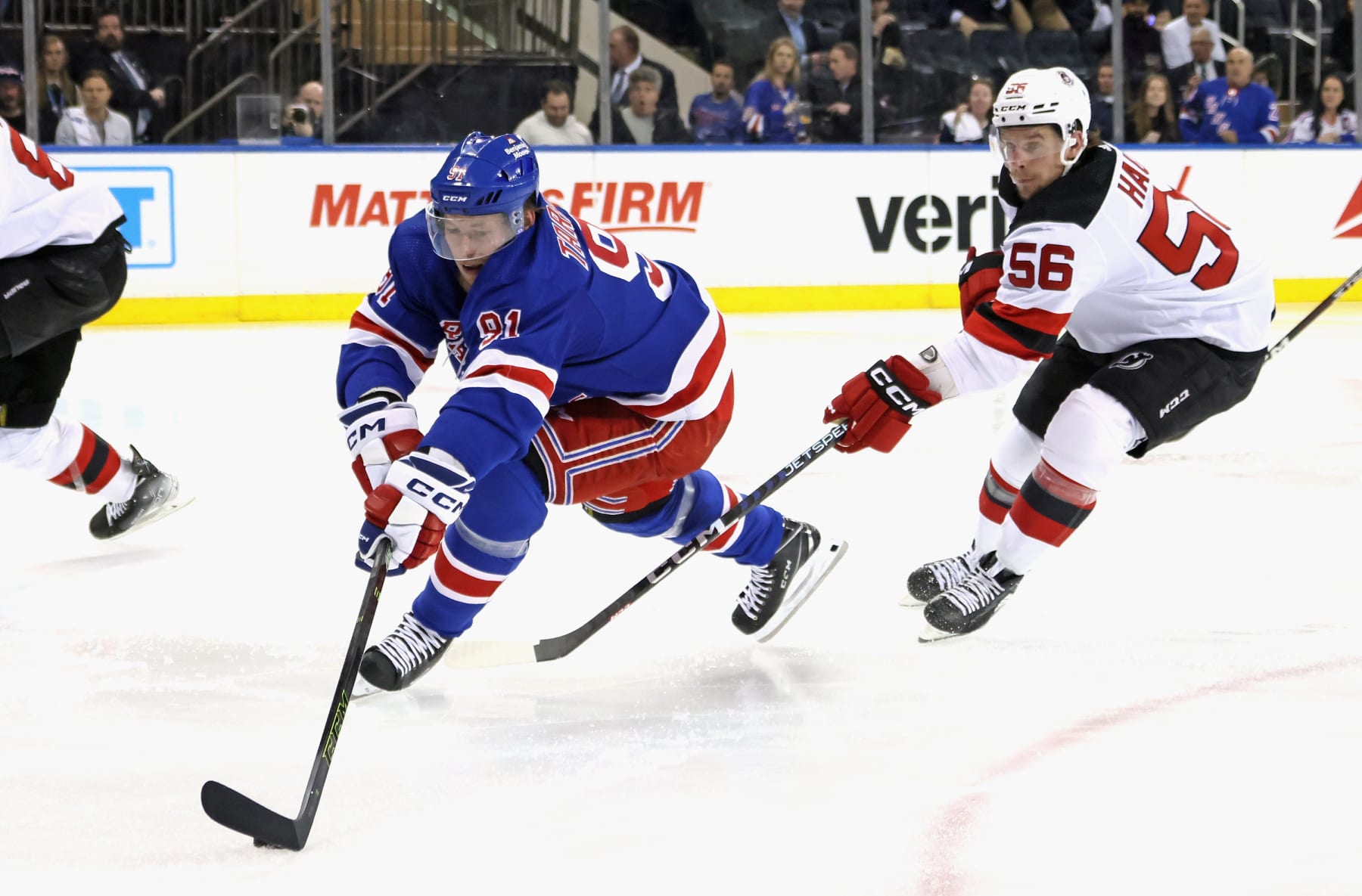 NEW YORK, NEW YORK - APRIL 29: Vladimir Tarasenko #91 of the New York Rangers skates against the New Jersey Devils in Game Six of the First Round of the 2023 Stanley Cup Playoffs at Madison Square Garden on April 29, 2023 in New York, New York. The Rangers defeated the Devils 5-2. (Photo by Bruce Bennett/Getty Images)
