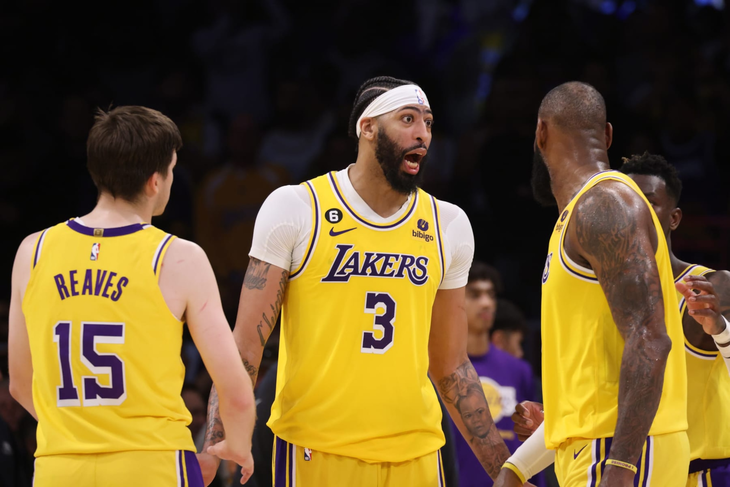 Austin Reaves, Anthony Davis and LeBron James