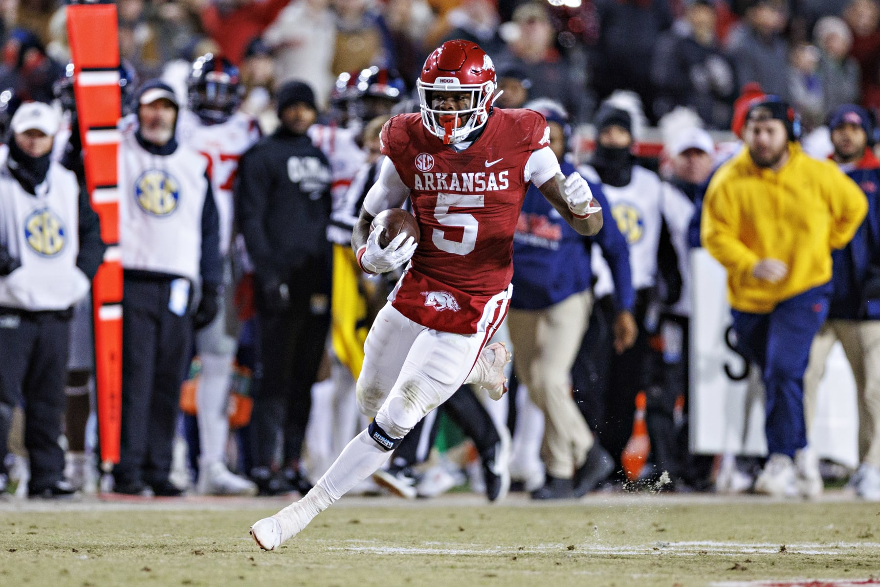 FAYETTEVILLE, ARKANSAS - NOVEMBER 19: Raheim Sanders #5 of the Arkansas Razorbacks runs the ball during a game against the Mississippi Rebels at Donald W. Reynolds Razorback Stadium on November 19, 2022 in Fayetteville, Arkansas. The Razorbacks defeated the Rebels 42-27.  (Photo by Wesley Hitt/Getty Images)