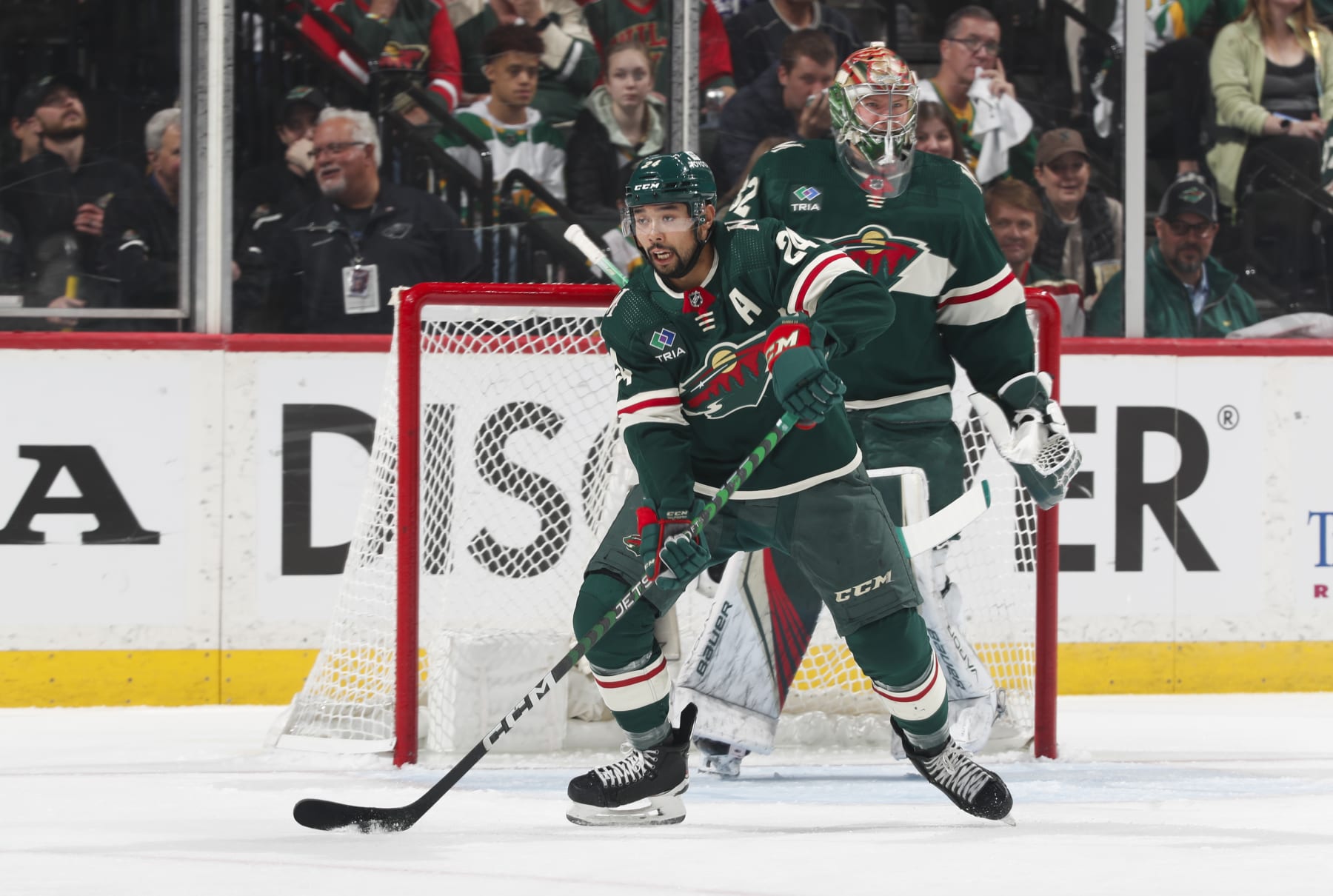 ST PAUL, MN - APRIL 23: Matt Dumba #24 of the Minnesota Wild skates with the puck in the first period of Game Four of the First Round of the 2023 Stanley Cup Playoffs against the Dallas Stars at Xcel Energy Center on April 23, 2023 in St Paul, Minnesota. (Photo by Bruce Kluckhohn/NHLI via Getty Images)