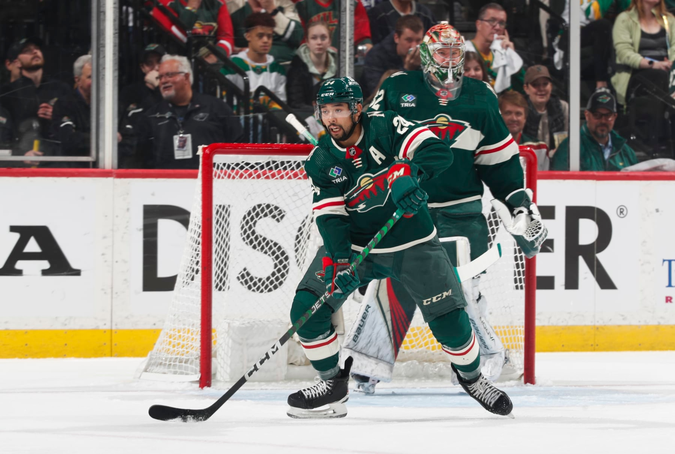 ST PAUL, MN - APRIL 23: Matt Dumba #24 of the Minnesota Wild skates with the puck in the first period of Game Four of the First Round of the 2023 Stanley Cup Playoffs against the Dallas Stars at Xcel Energy Center on April 23, 2023 in St Paul, Minnesota. (Photo by Bruce Kluckhohn/NHLI via Getty Images)