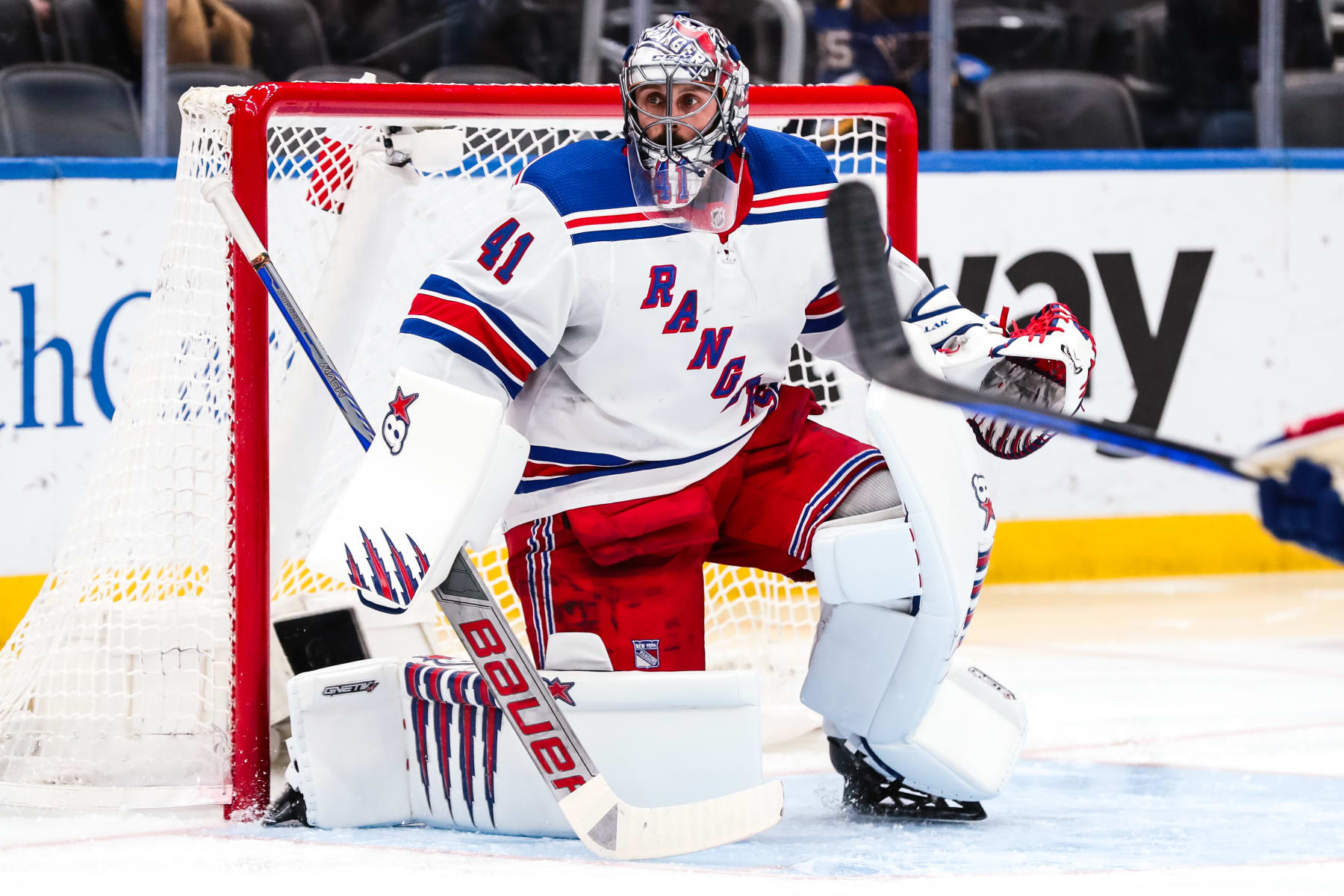 ST. LOUIS, MO - APRIL 06: New York Rangers goaltender Jaroslav Halak (41) watches a puck go out of play during the second period of an NHL hockey game between the St. Louis Blues and the New York Rangers on April 6, 2023, at the Enterprise Center in St. Louis, MO.  (Photo by Tim Spyers/Icon Sportswire via Getty Images)