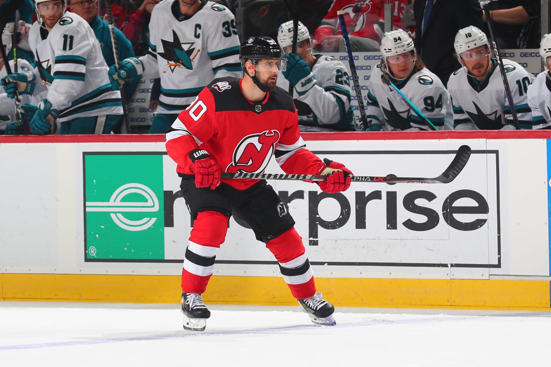 NEWARK, NJ - OCTOBER 22: New Jersey Devils left wing Tomas Tatar (90) skates in the first period of the game against the San Jose Sharks on October 22, 2022 at the Prudential Center in Newark, New Jersey.  (Photo by Rich Graessle/Getty Images)