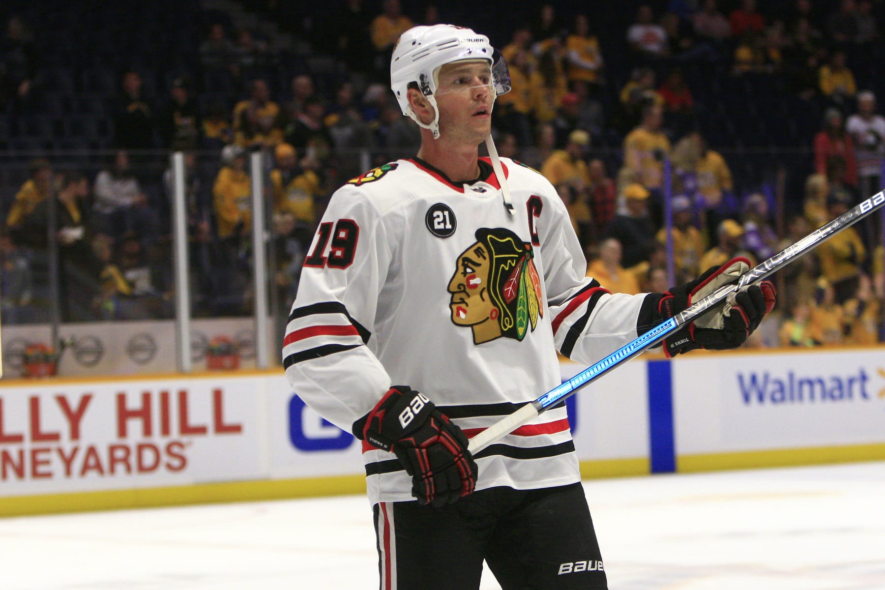 NASHVILLE, TN - DECEMBER 01: Chicago Blackhawks center Jonathan Toews (19) leaves the ice following pre-game warmups prior to the NHL game between the Nashville Predators and Chicago Blackhawks, held on December 1, 2018, at Bridgestone Arena in Nashville, Tennessee. (Photo by Danny Murphy/Icon Sportswire via Getty Images)
