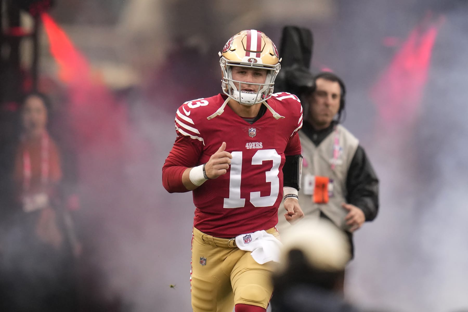 San Francisco 49ers quarterback Brock Purdy (13) is introduced before an NFL wild card playoff football game against the Seattle Seahawks in Santa Clara, Calif., Saturday, Jan. 14, 2023. (AP Photo/Godofredo A. Vásquez)