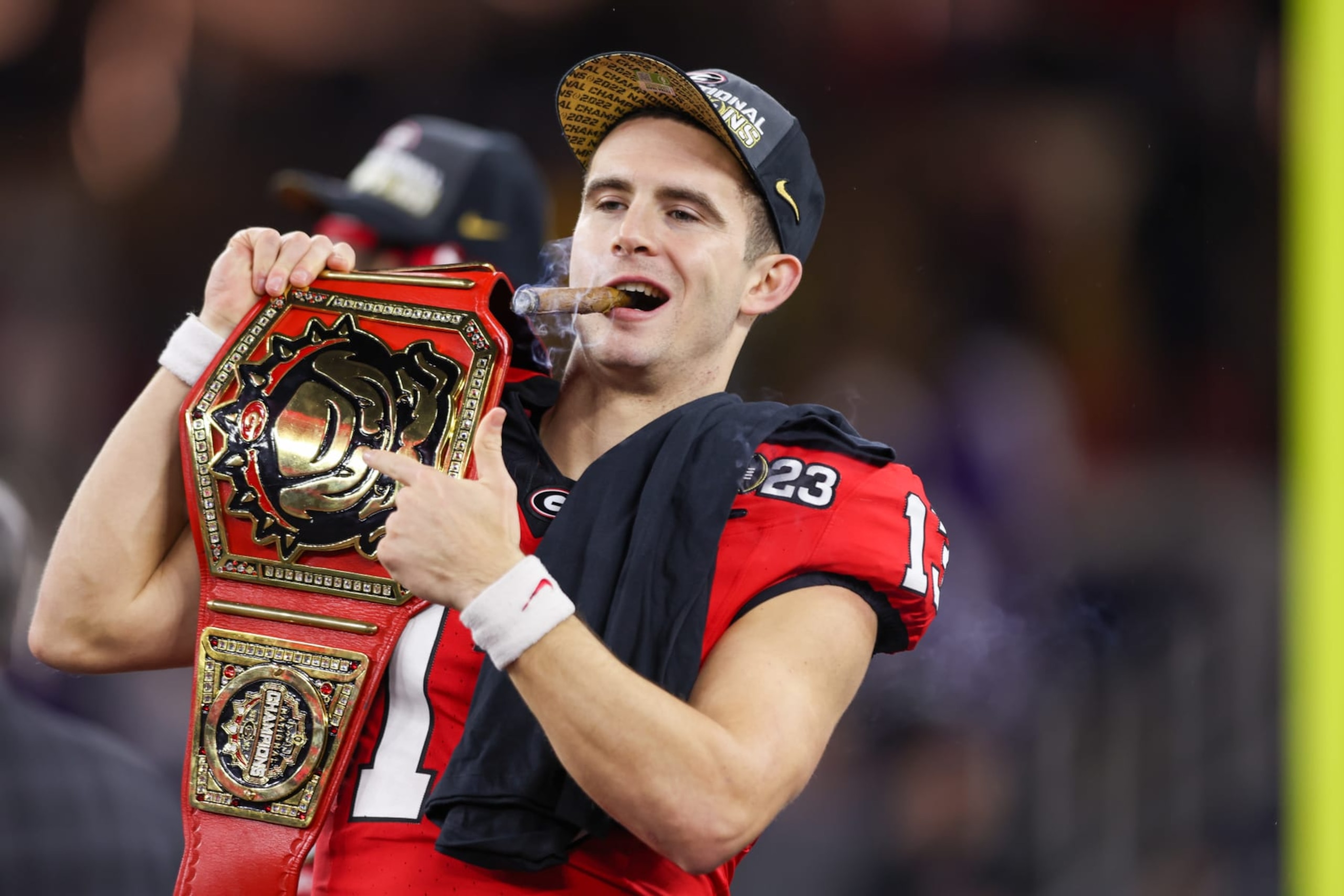 INGLEWOOD, CA - JANUARY 09: Georgia Bulldogs quarterback Stetson Bennett (13) following the Georgia Bulldogs game versus the TCU Horned Frogs in the College Football Playoff National Championship game on January 9, 2023, at SoFi Stadium in Inglewood, CA. (Photo by Jordon Kelly/Icon Sportswire via Getty Images)