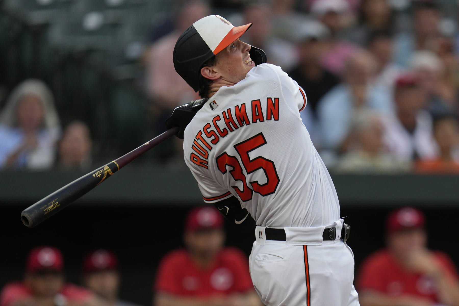 BALTIMORE, MARYLAND - JUNE 27: Adley Rutschman #35 of the Baltimore Orioles follows through his swing as he bats against the Cincinnati Reds during the third inning at Oriole Park at Camden Yards on June 27, 2023 in Baltimore, Maryland. (Photo by Jess Rapfogel/Getty Images)